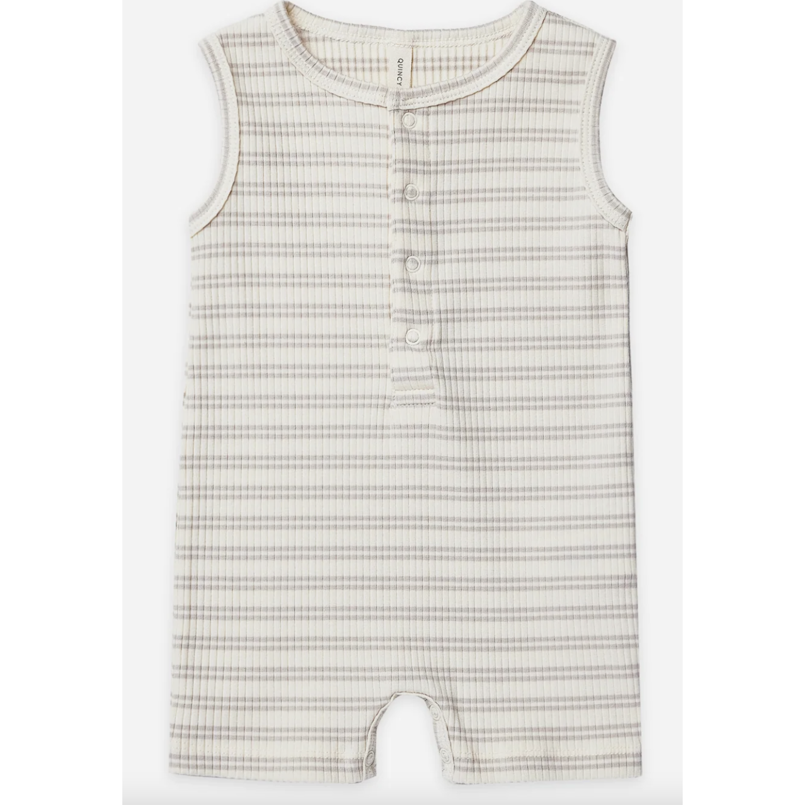 Quincy Mae Ribbed Henley Romper | Silver Stripe