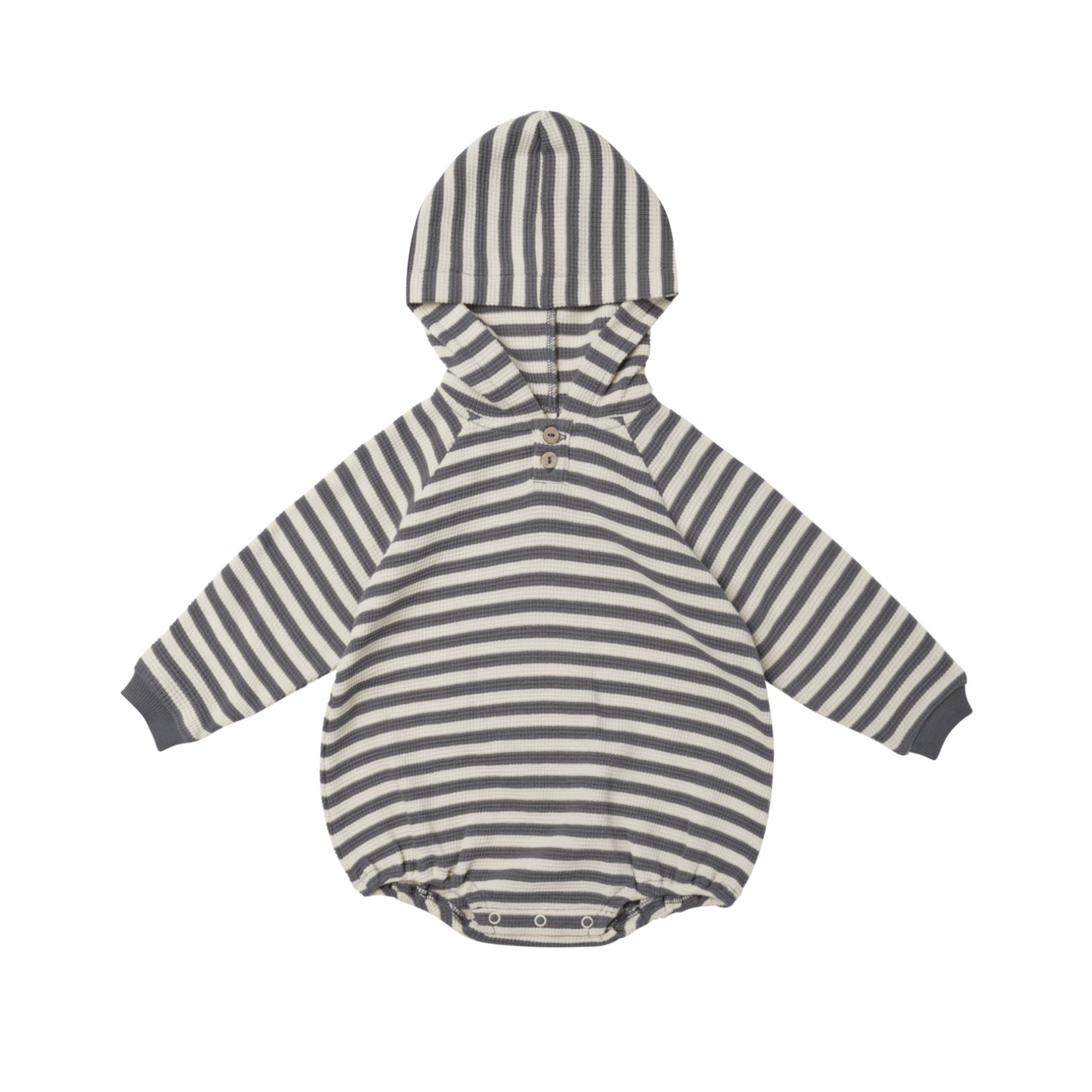 Quincy Mae WAFFLE HOODED BUBBLE ROMPER || NAVY STRIPE