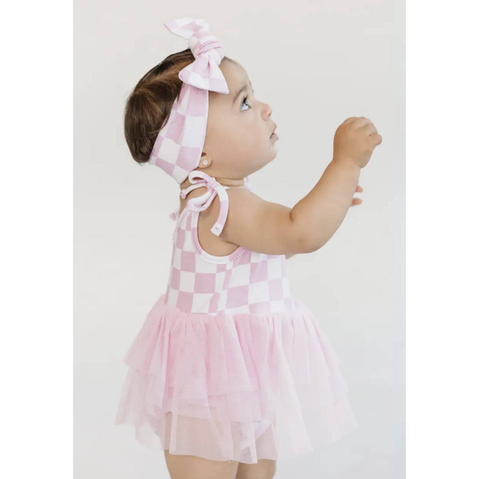 Lucky Panda Kids Tutu Romper | Checkered Pink