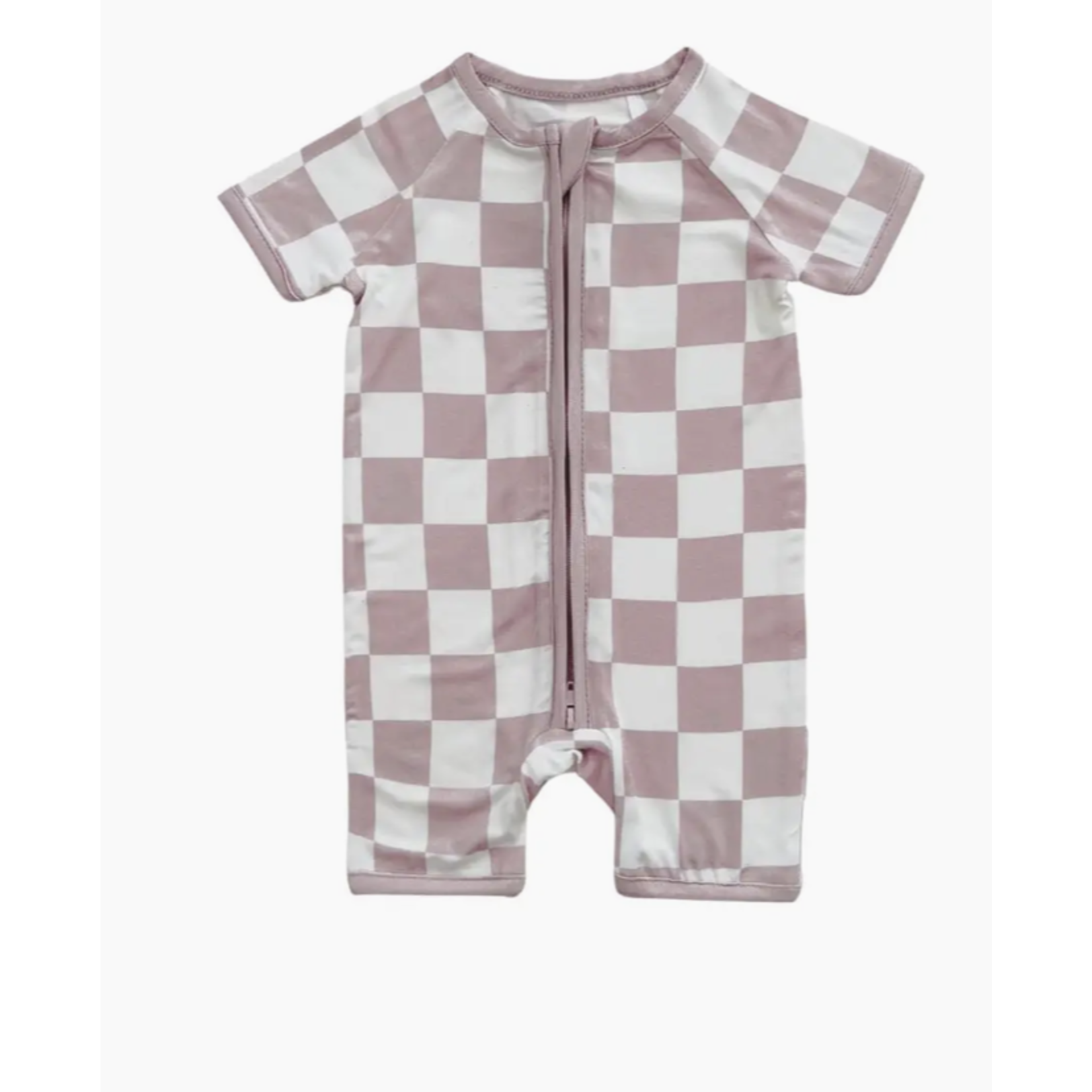 Lucky Panda Kids Baby Bamboo Shorty Romper | Latte Checkered