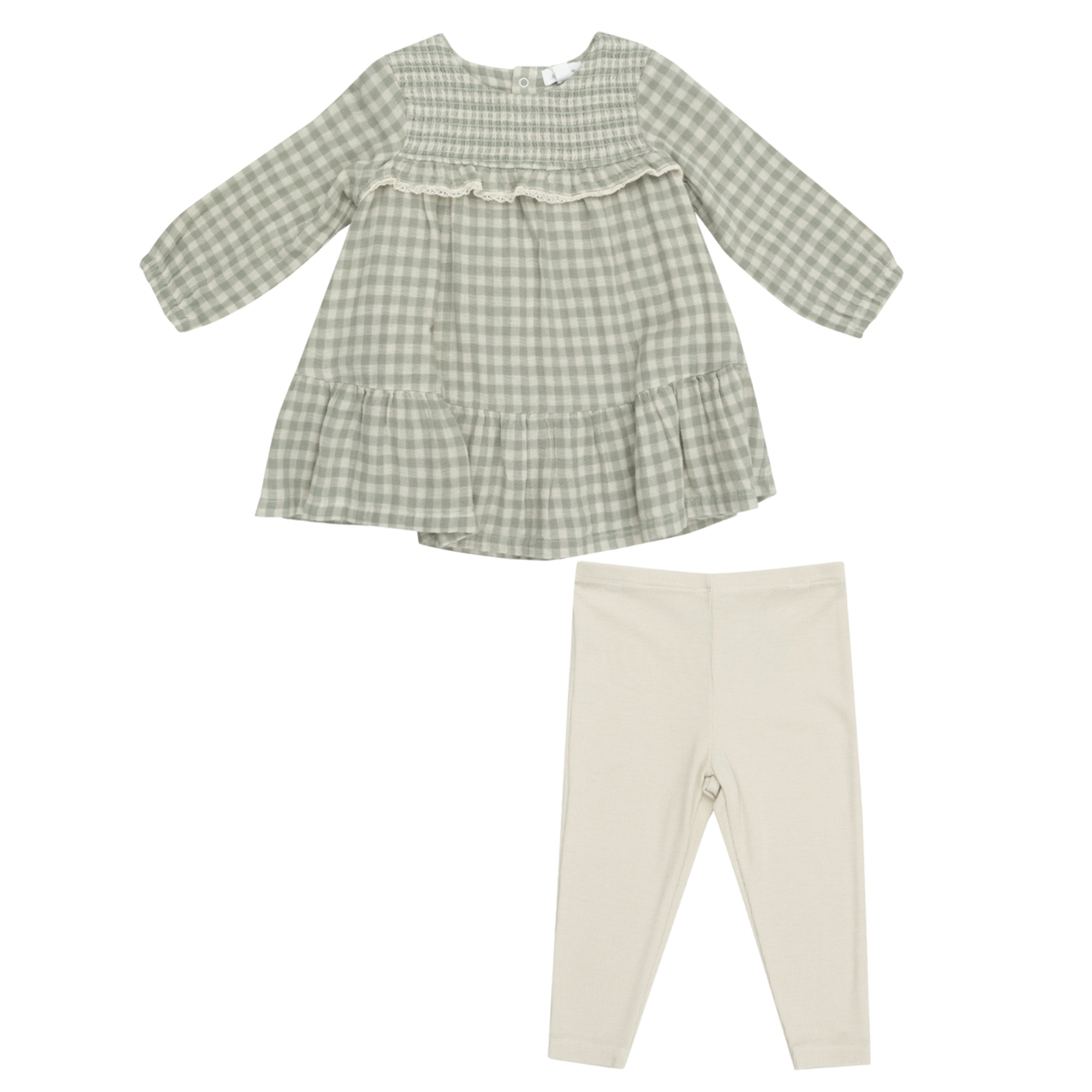 Angel Dear Mini Green Gingham - Smocked Ruffle Tiered Dress And Ribbed Legging