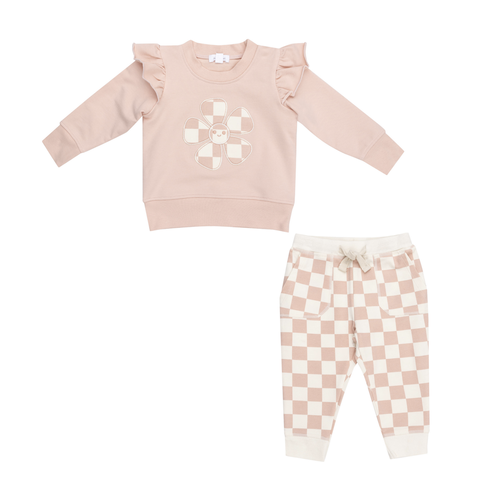 Angel Dear French Terry Checkerboard Pink - Ruffle Patch Sweatshirt + Jogger