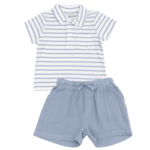 Angel Dear French Stripe Dusty Blue Polo Shirt And Muslin Short