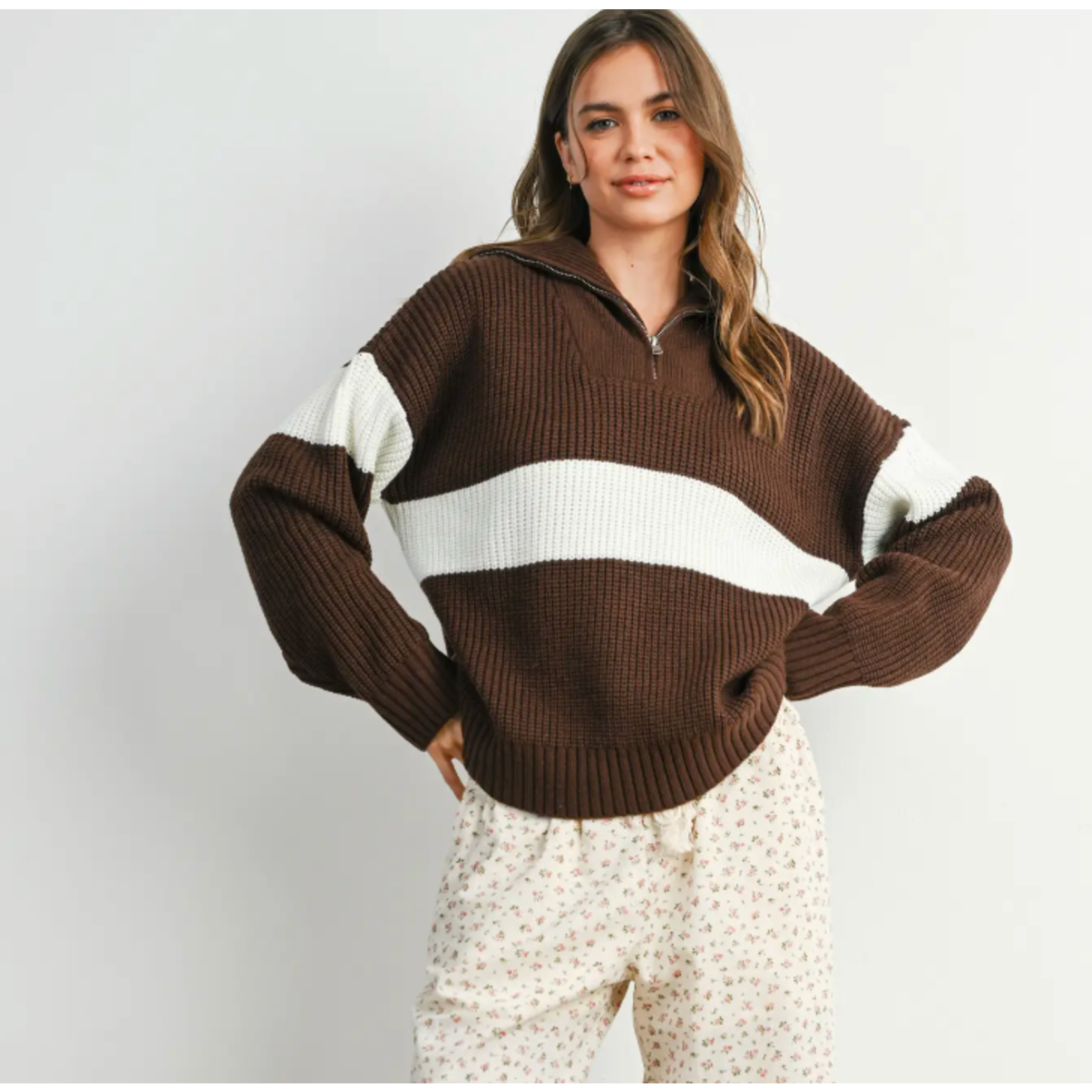 BUTTERMELON Neck Zip-Front Long Sleeve Top