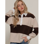 Active Basic Long Sleeve Rugby Stripe Fleece Polo Top