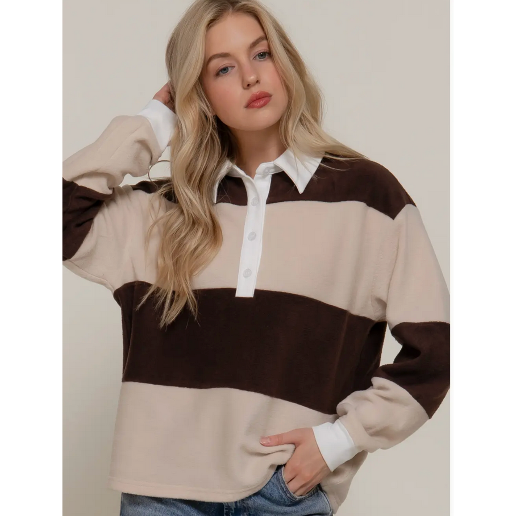 Active Basic Long Sleeve Rugby Stripe Fleece Polo Top