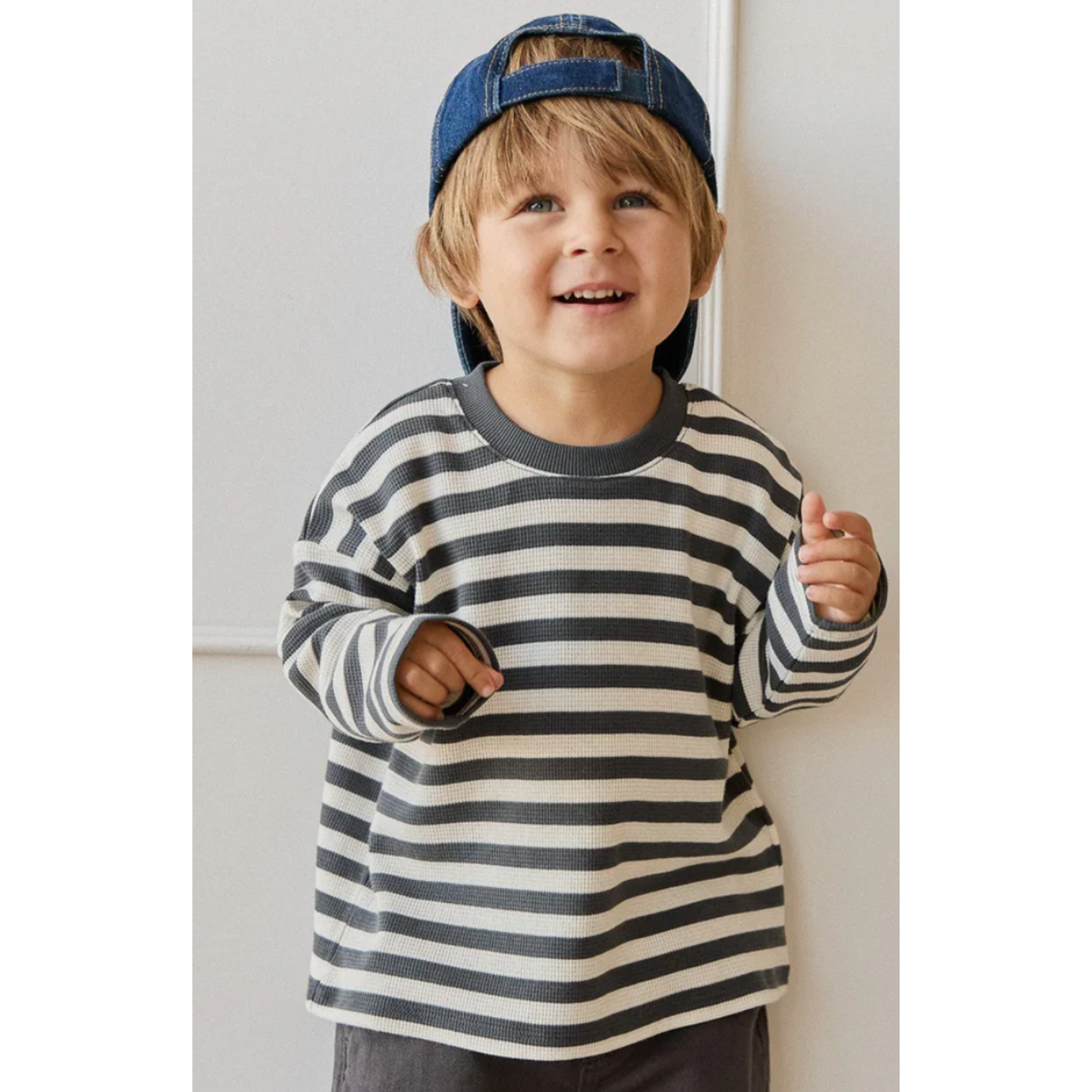 Jamie Kay Organic Cotton Waffle Leith Long Sleeve Top - Oliver Stripe Atlantic/Cloud