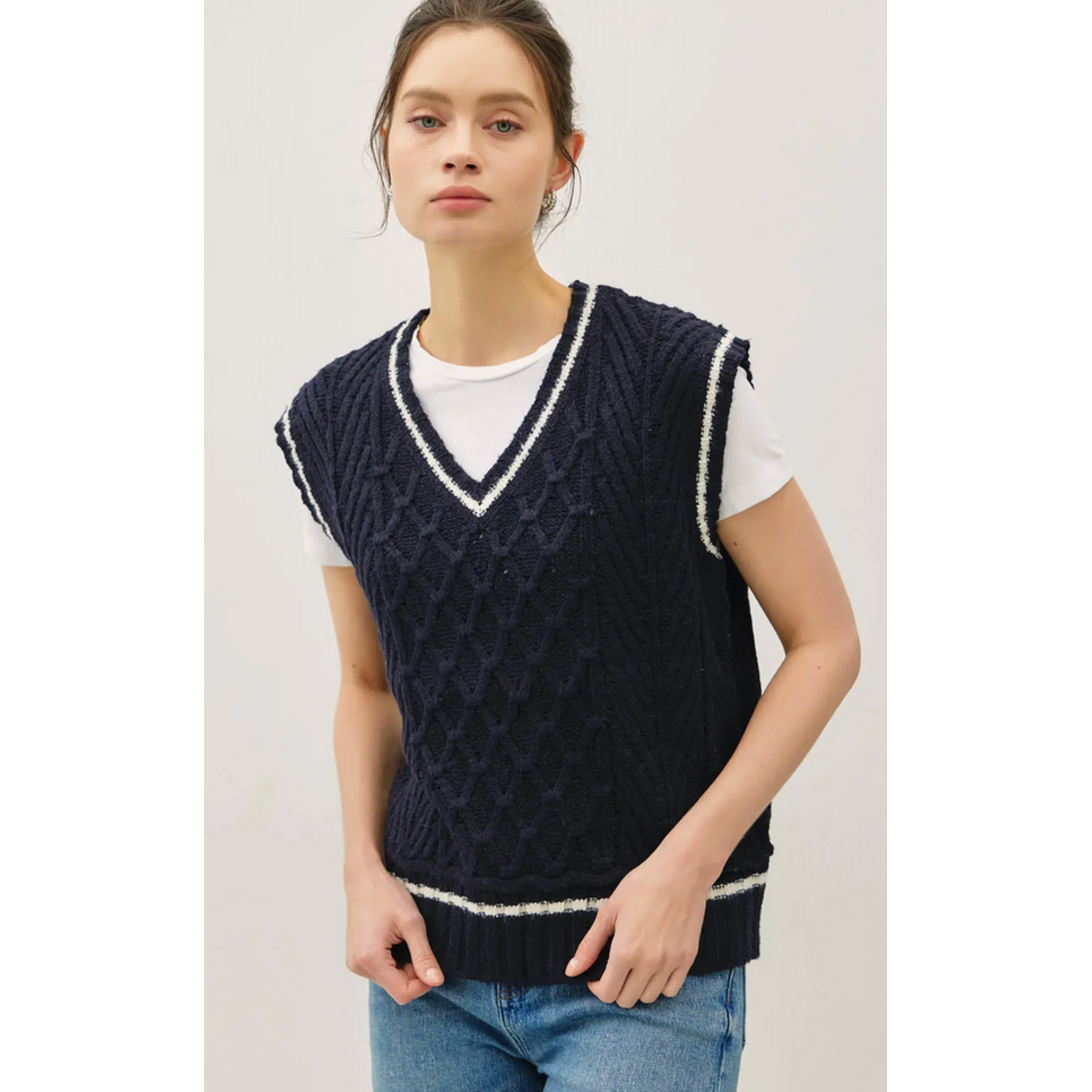 Be Cool Varsity Style Cable Knit Sweater Vest