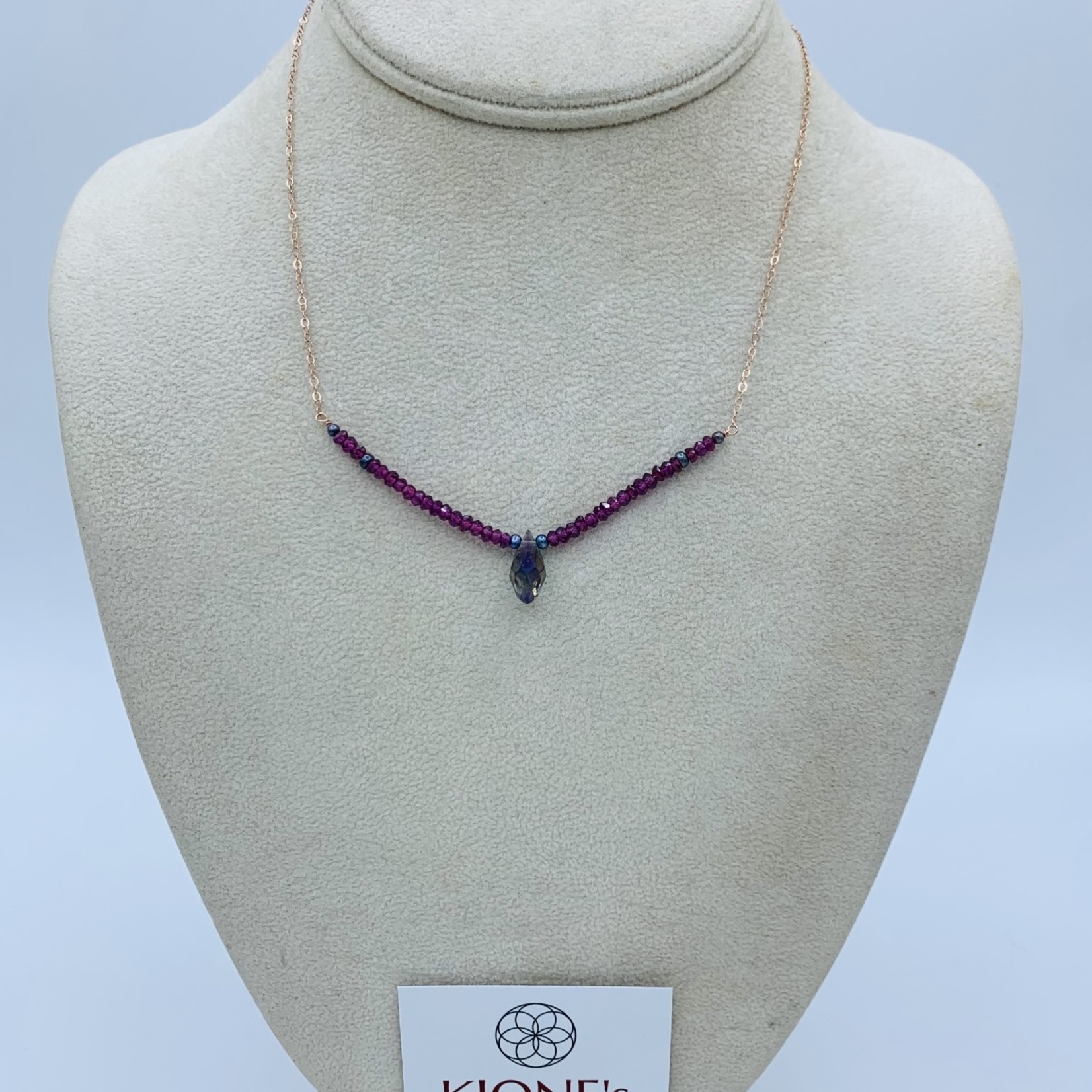 Kione’s Prism Jewelry Kenyan Garnet + Aurora Crystal +Black Fresh Water Pearl on Rose Gold Necklace