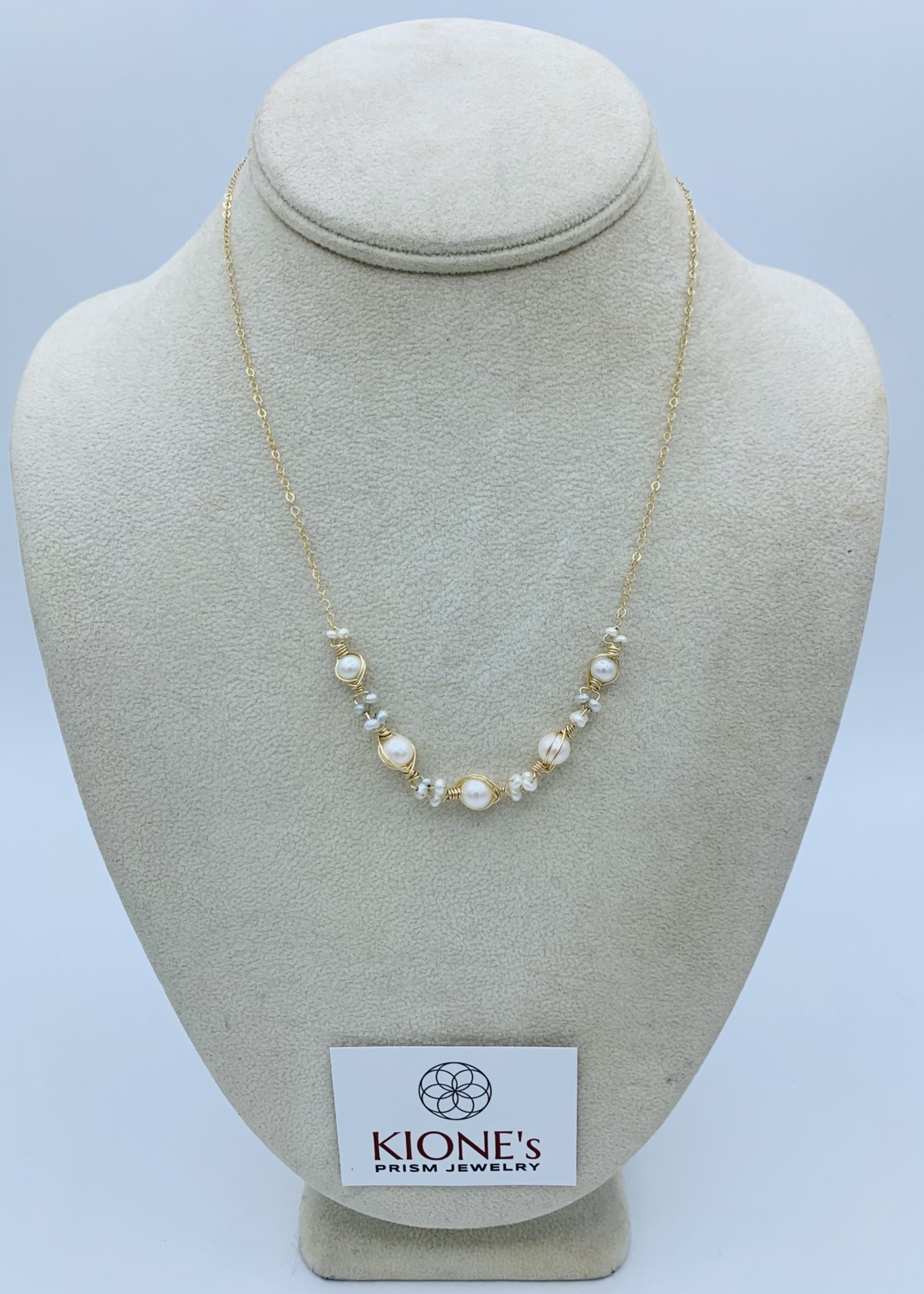 Kione’s Prism Jewelry Kione’s Classic 5 Link White Fresh Water Pearl on Yellow Gold Necklace