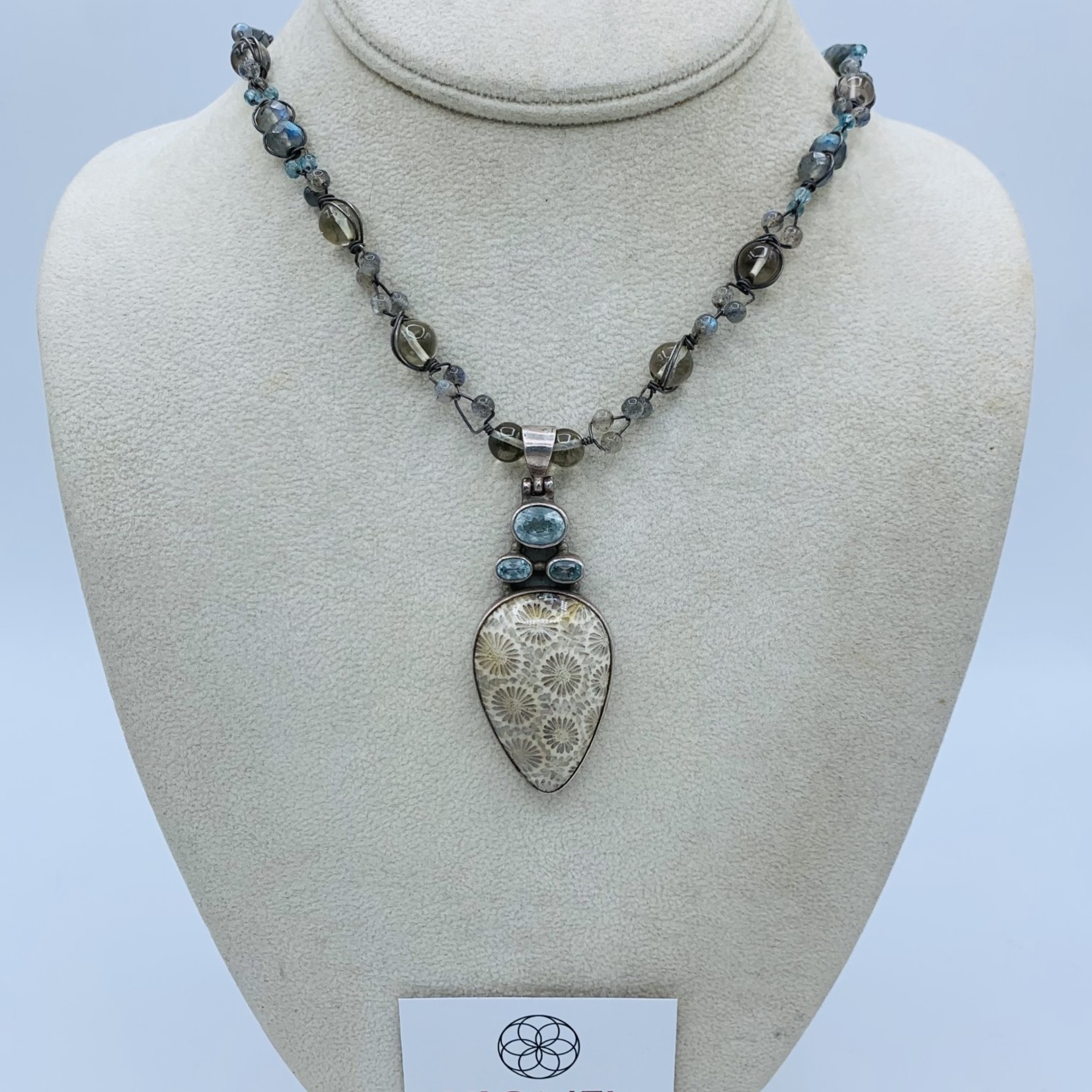 Kione’s Prism Jewelry Kione’s Classic Fossilized Coral + Blue Quartz + Smokey Quartz + Labradorite + Apatite Sterling Silver Necklace