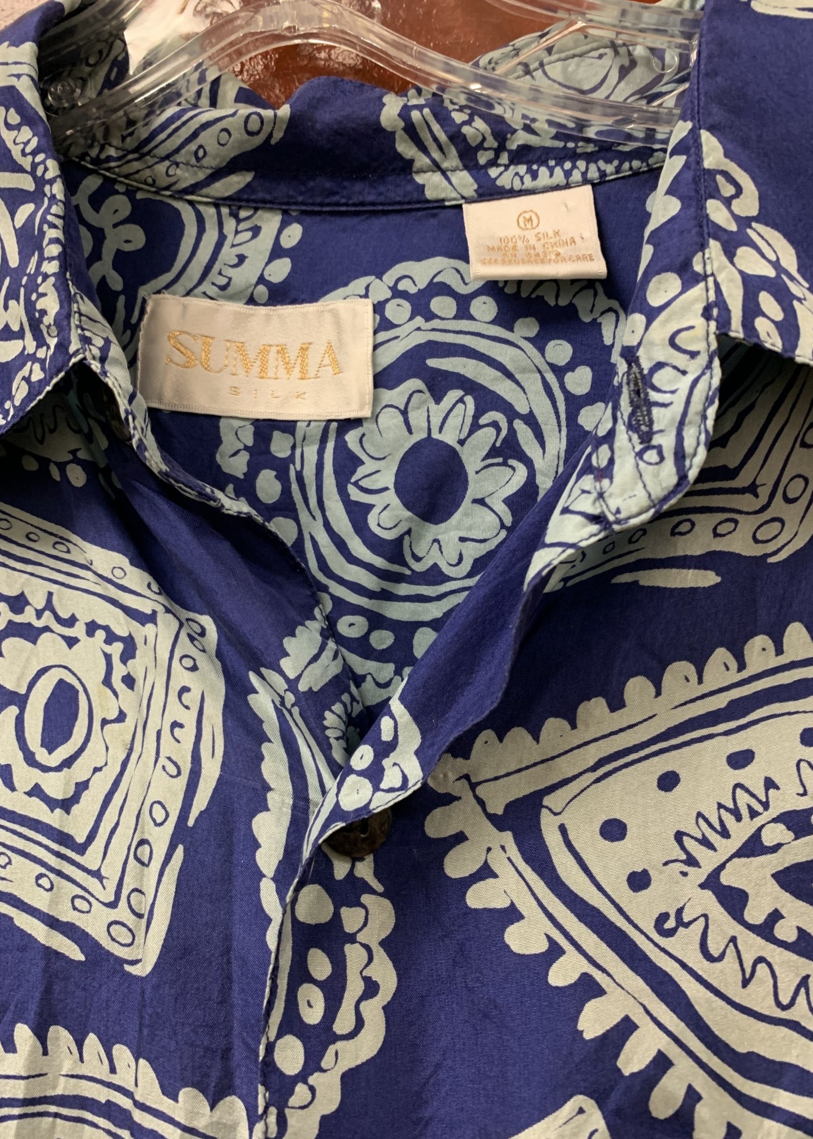 Mission Zero Men's Vintage Aloha Shirt - Silk Summa- blue and white floral stamp Medium