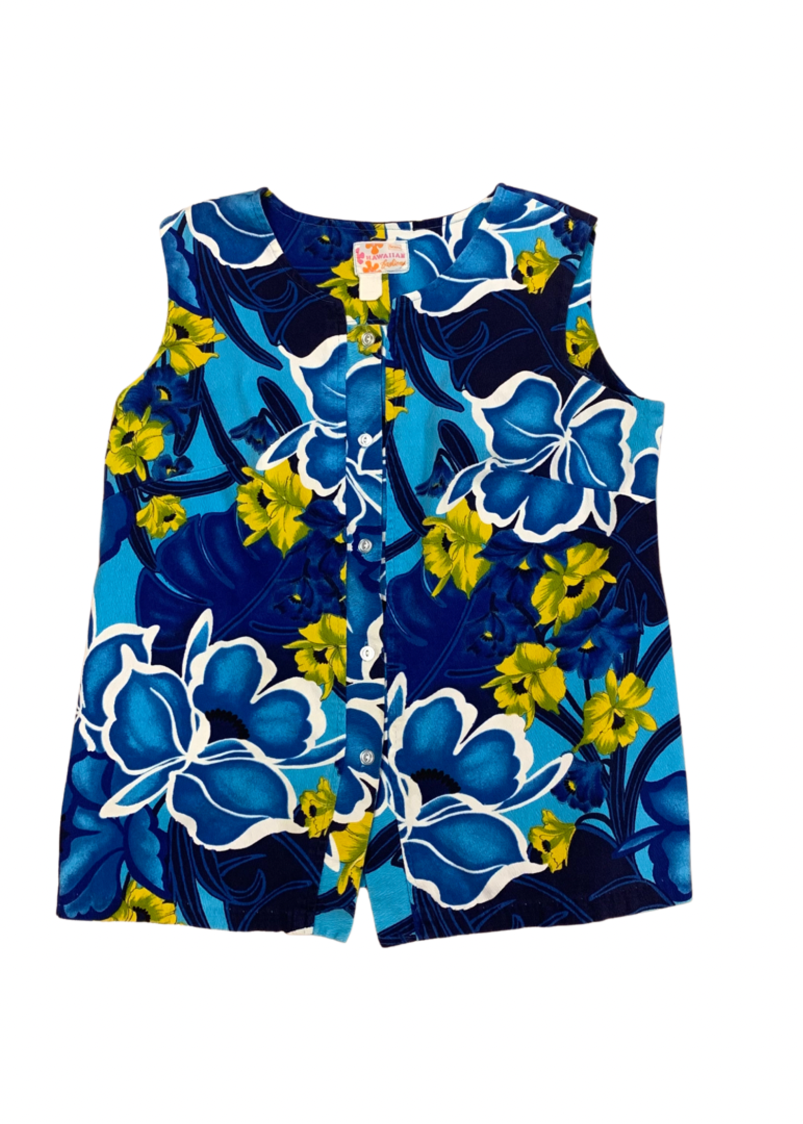 Mission Zero Women's Vintage Top - Barkcloth Sears - Blue and yellow orchid button down tank L