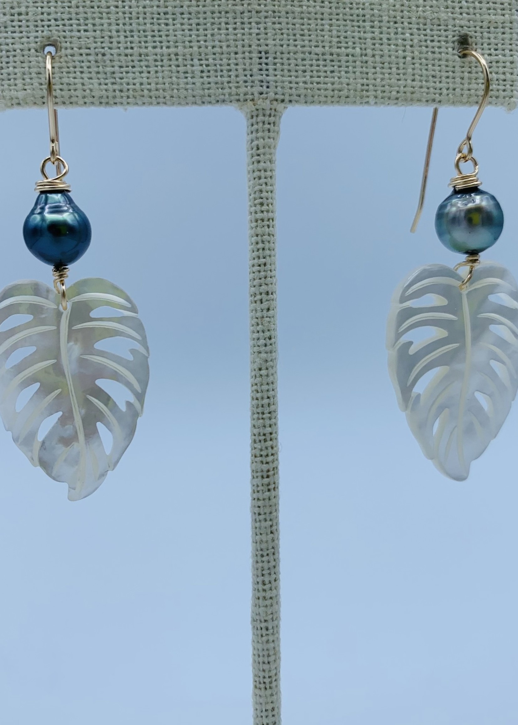 Shell Of A Life White Monstera Mother of Pearl + Tahitian Pearl GF Earrings