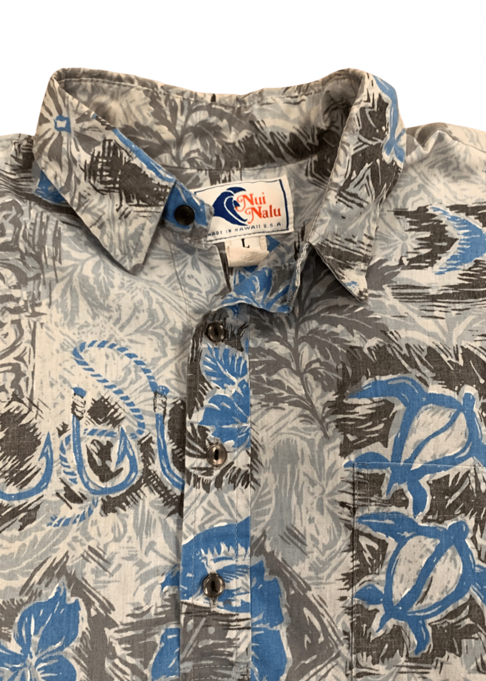 Mission Zero Men's Vintage Aloha Shirt - Casual Prints Nui Nalu- Blue/Gray Ulua -Large