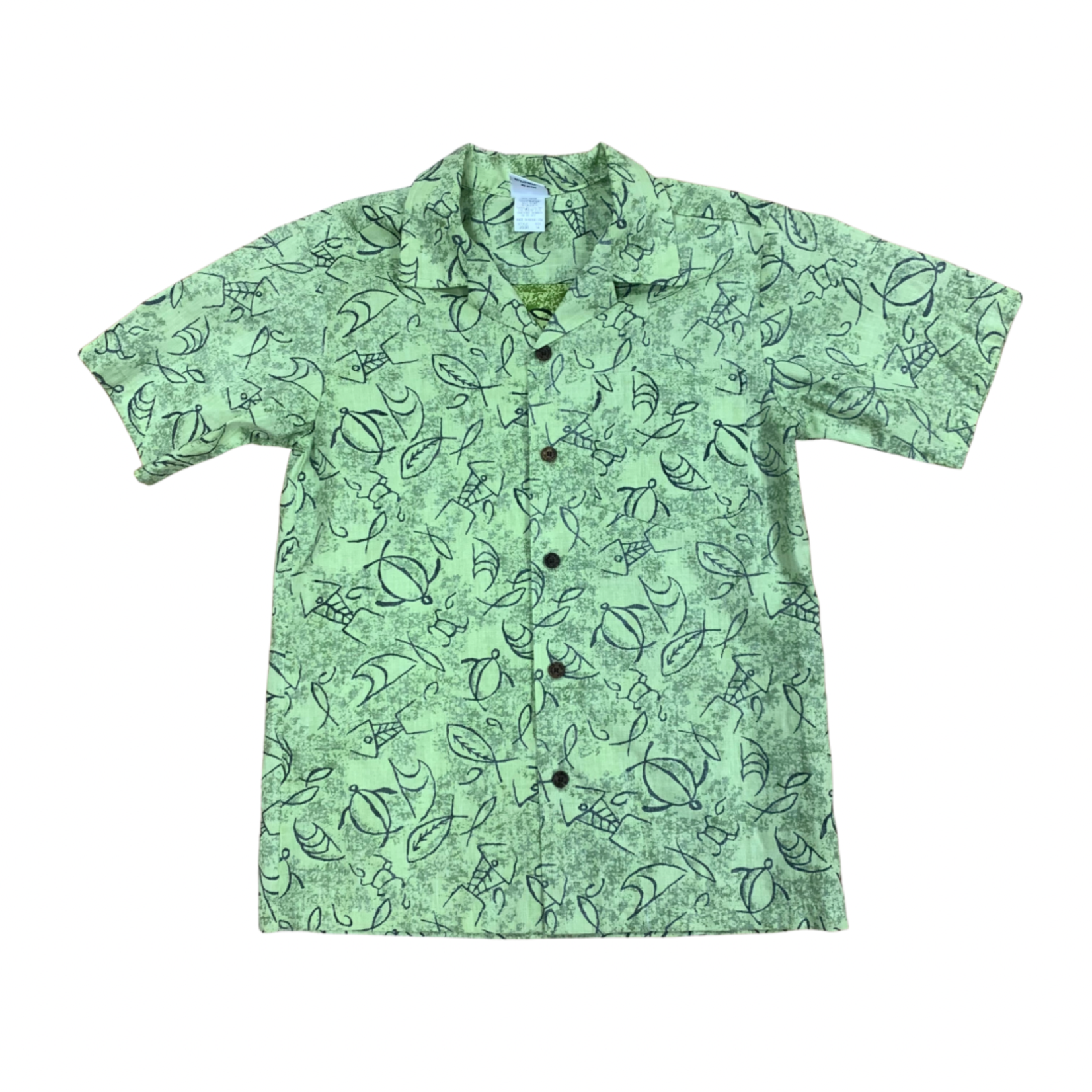 Mission Zero Youth Vintage Aloha Shirt - Casual Nui Nalu - Green Hawaiian Petroglyph Print  - 14Y