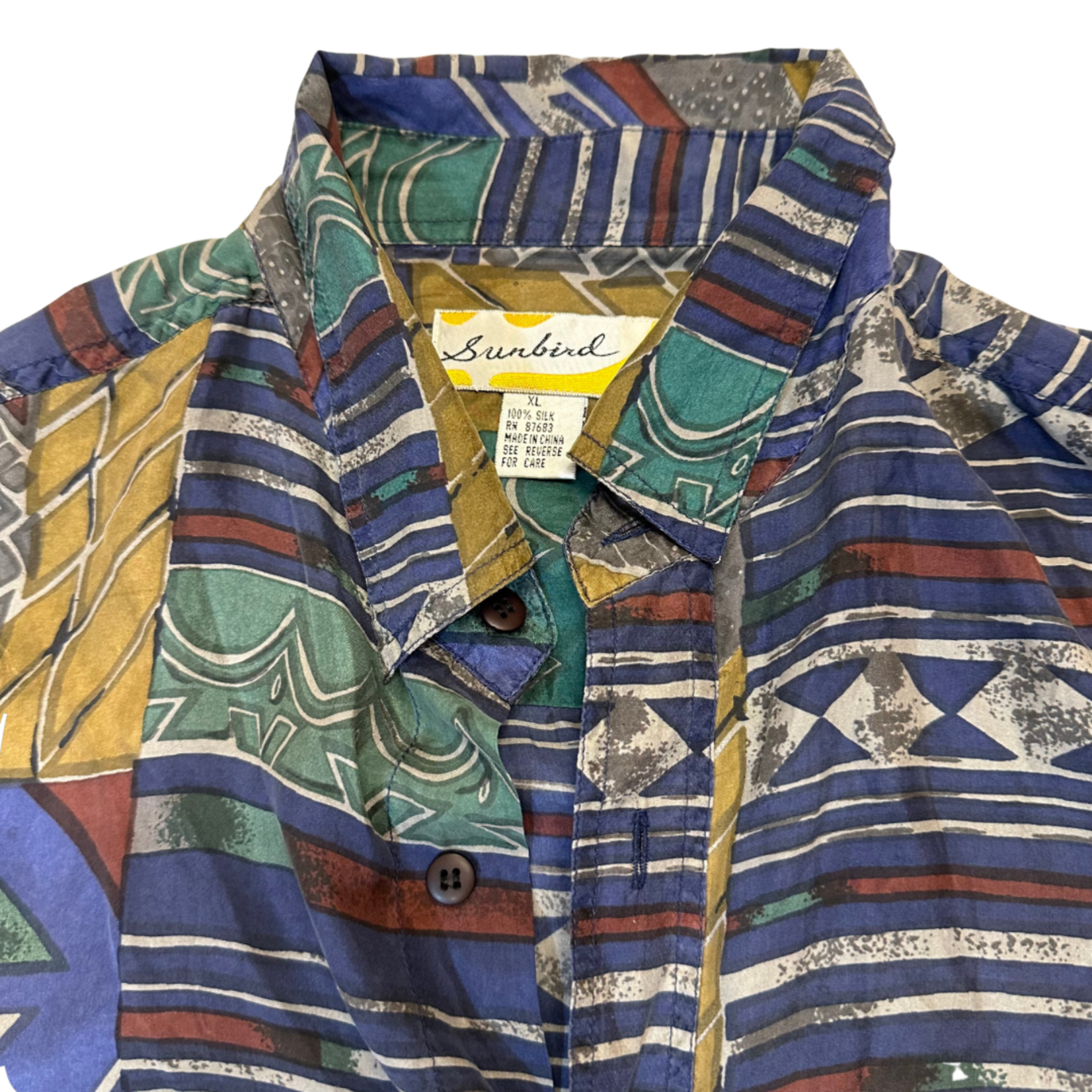 Mission Zero Men’s Vintage Silk Aloha Shirt - XL - Sunbird - Kapa Print Blue