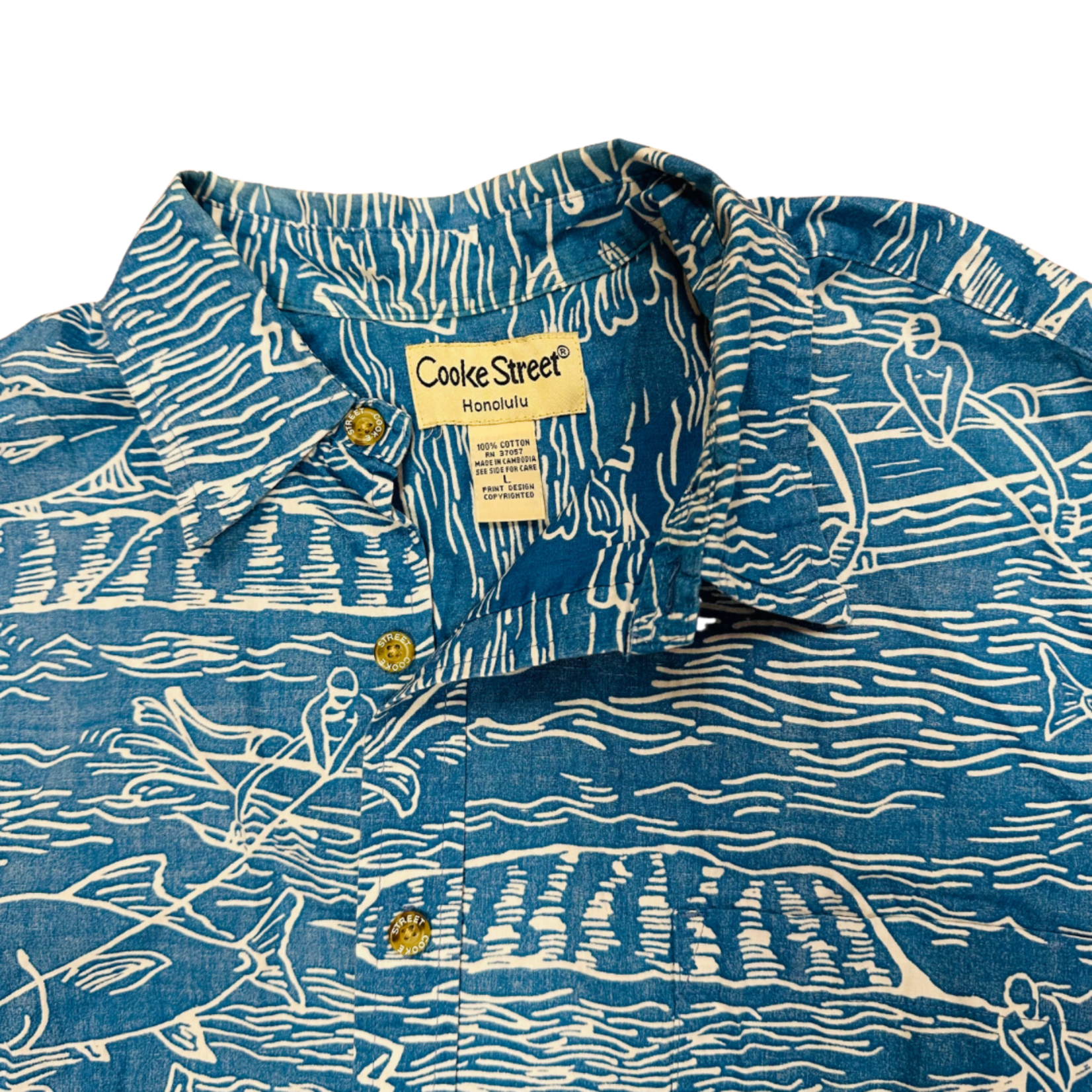 Mission Zero Men's ReLoved Aloha Shirt - Cooke Street - Blue Ulua Canoe - Large