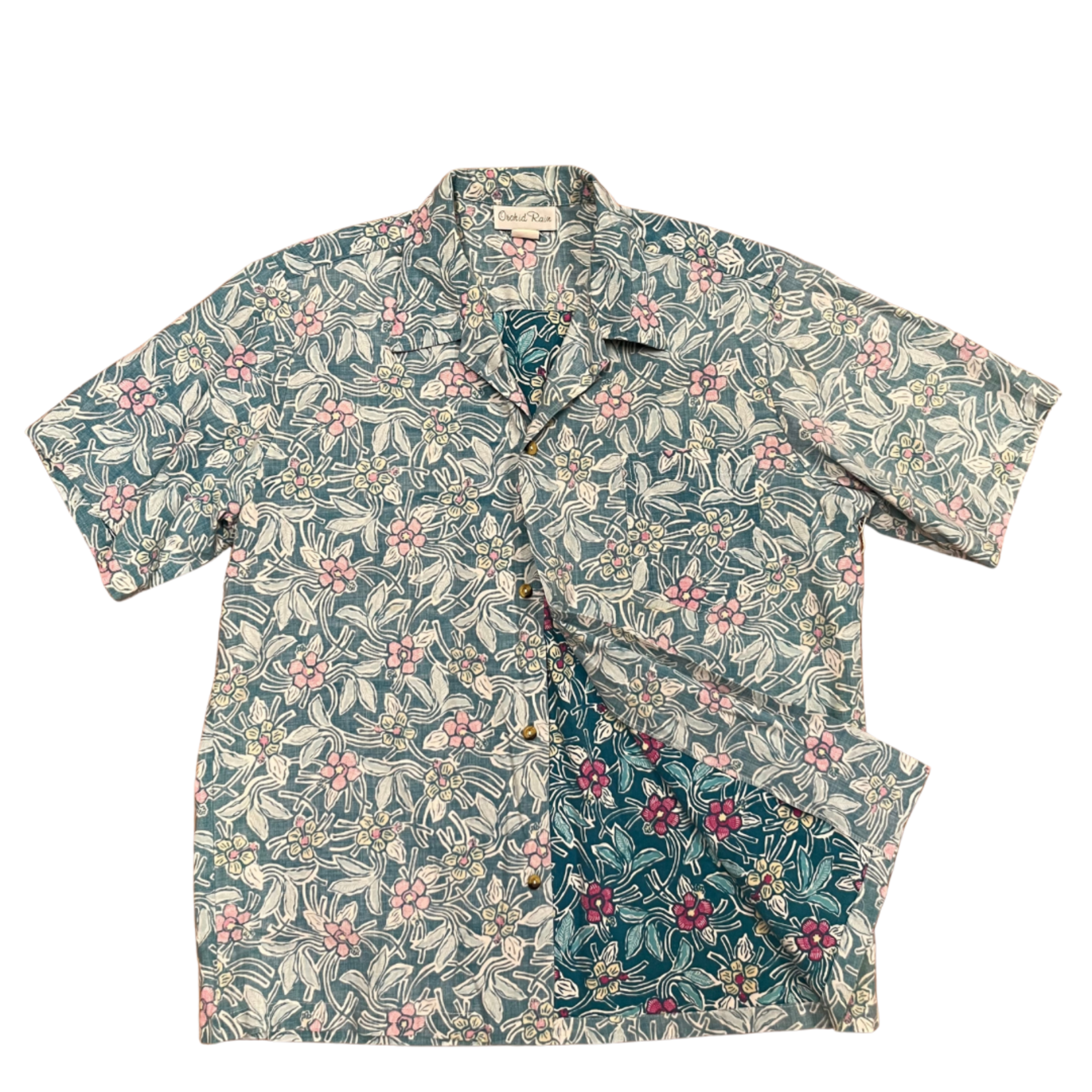 Mission Zero Men’s Vintage Aloha Shirt - Orchid Rain - Teal Tropical Flower - Lg