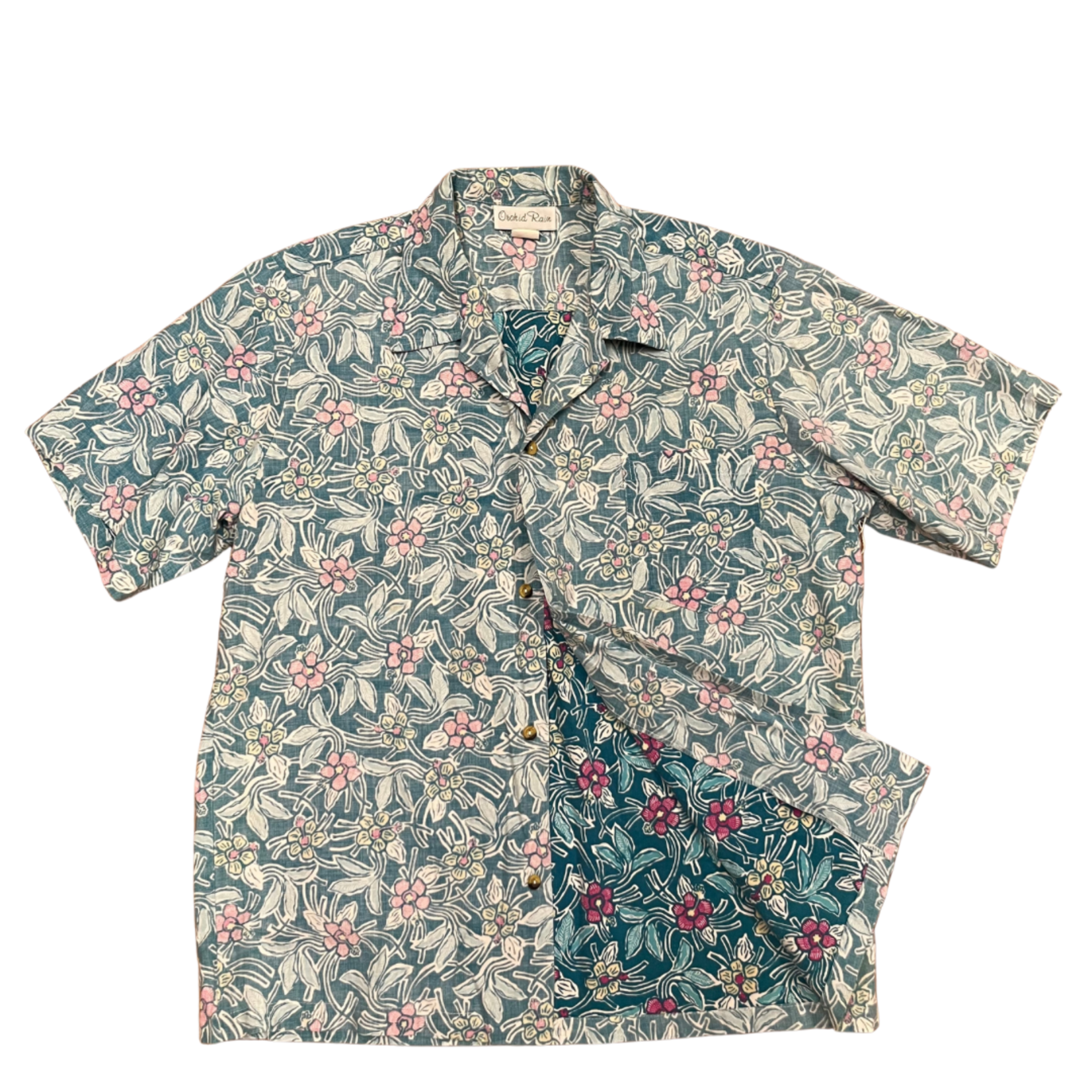 Mission Zero Men’s Vintage Aloha Shirt - Orchid Rain - Teal Tropical Flower  - Lg