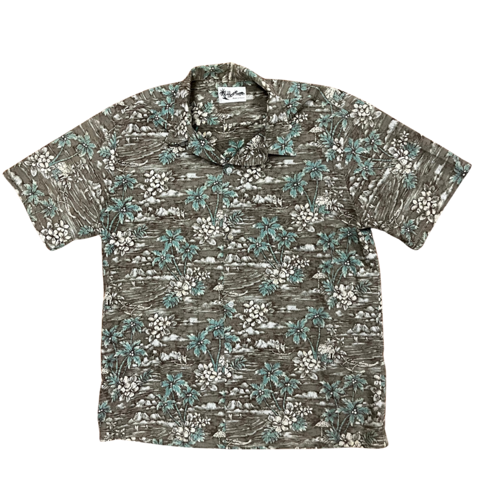 Mission Zero Men’s Vintage Aloha Shirt - Howie - Coconut, Plumeria, Sailing Island Print - XL