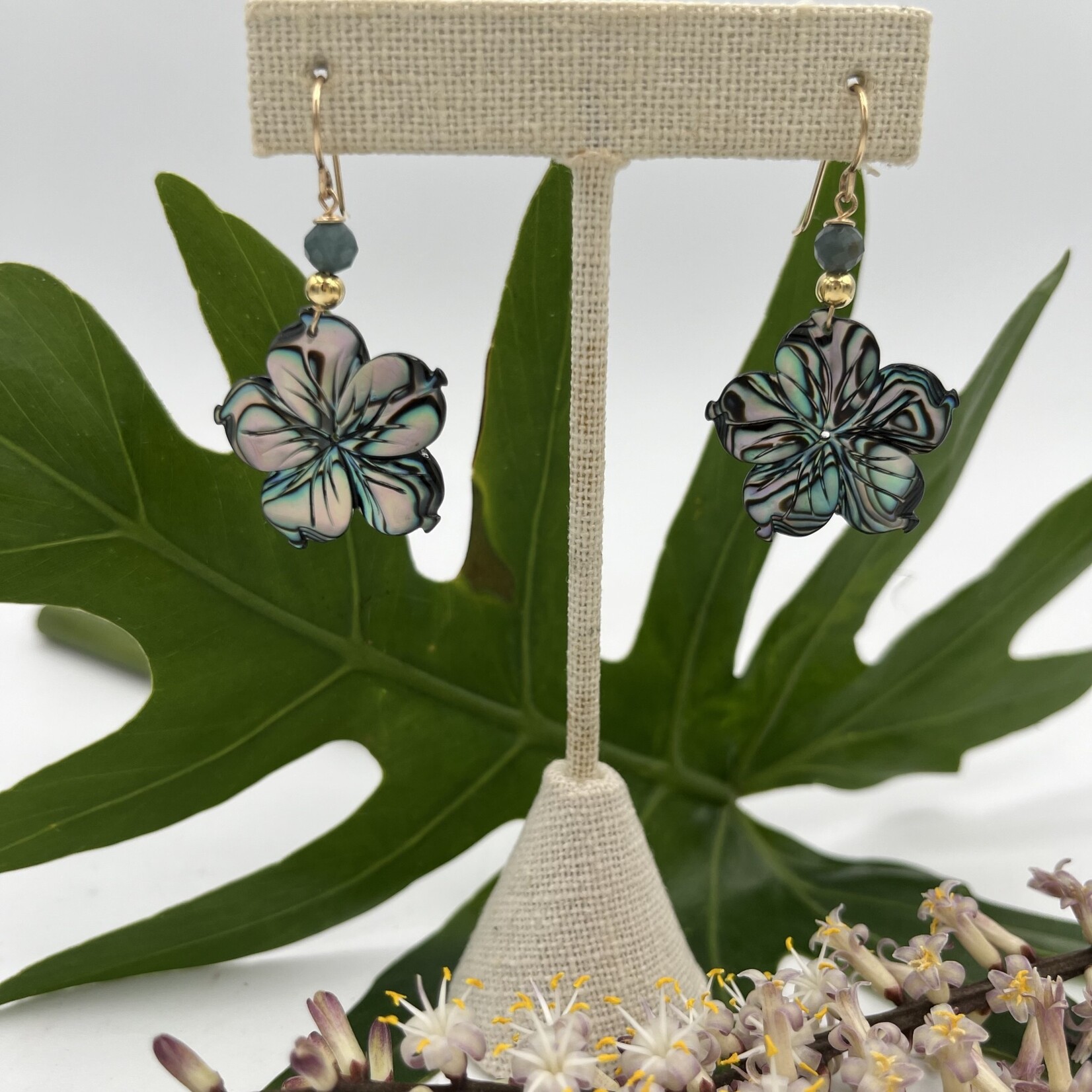 Shell Of A Life Abalone Flower + Grandidierite Bead Earrings