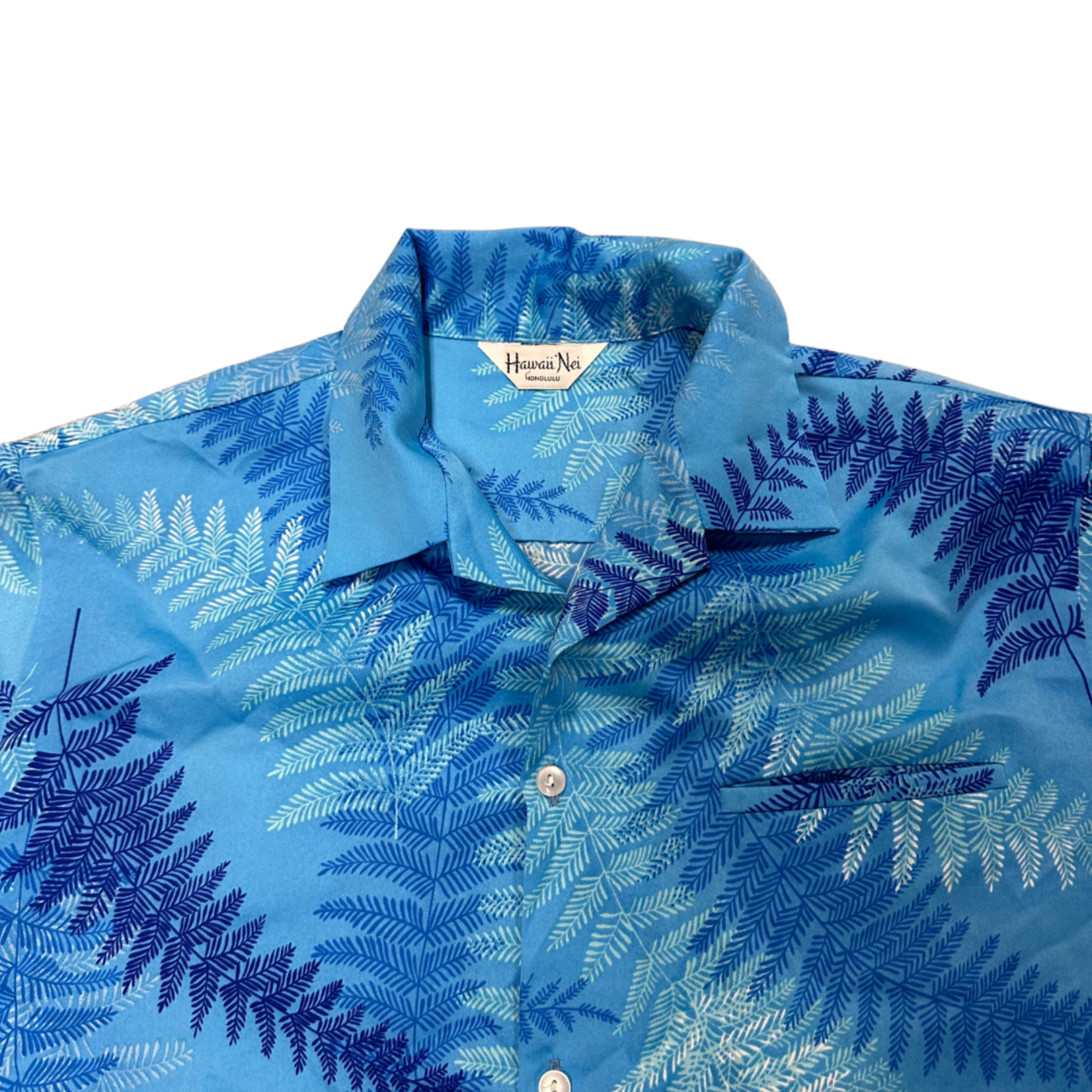 Mission Zero Men’s Vintage Aloha Shirt- XL - Hawaii Nei - Variation Blues Fern Print