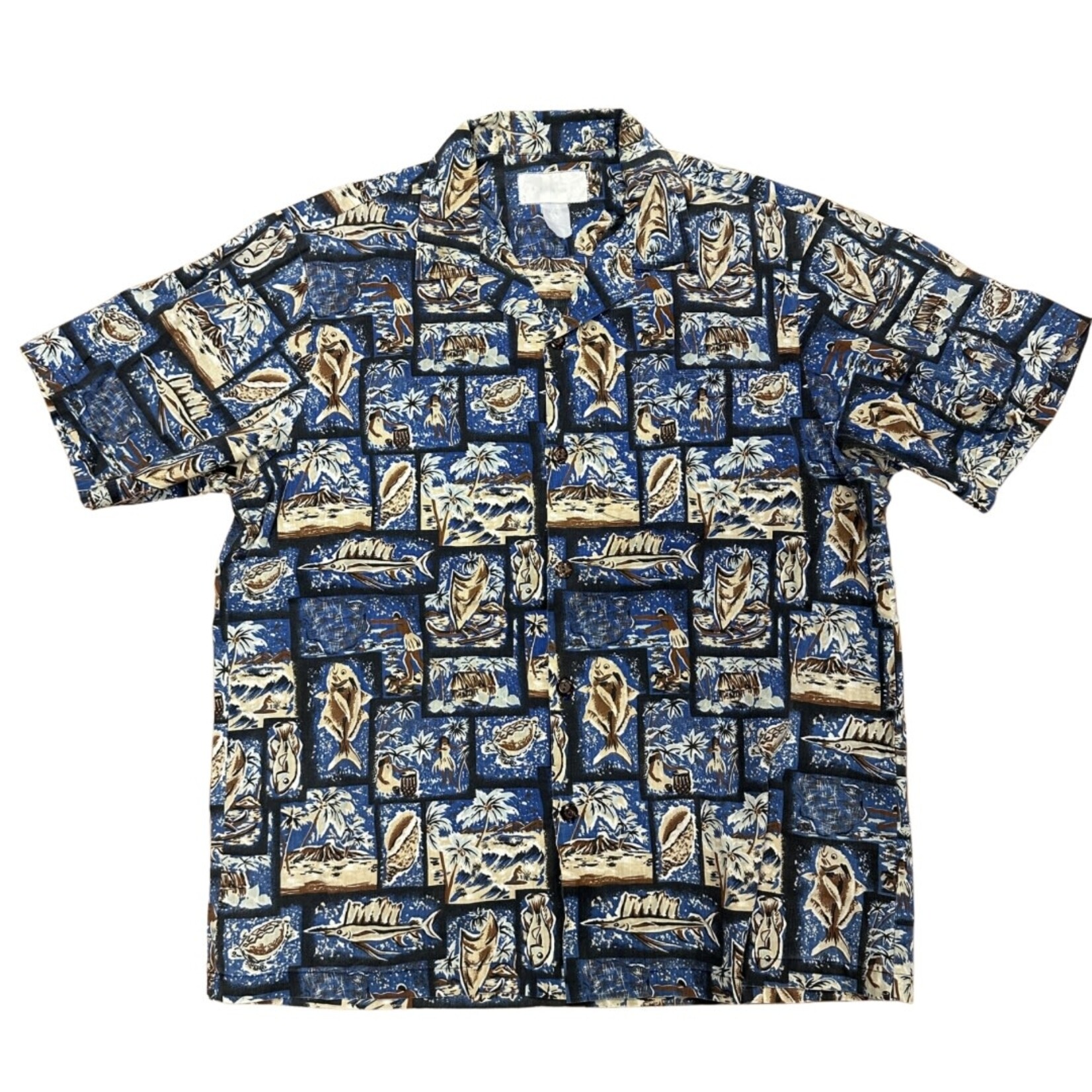 Mission Zero Men’s Vintage Aloha Shirt- L - Unknown - Marlin Ulua Hula Canoe Blue & Brown