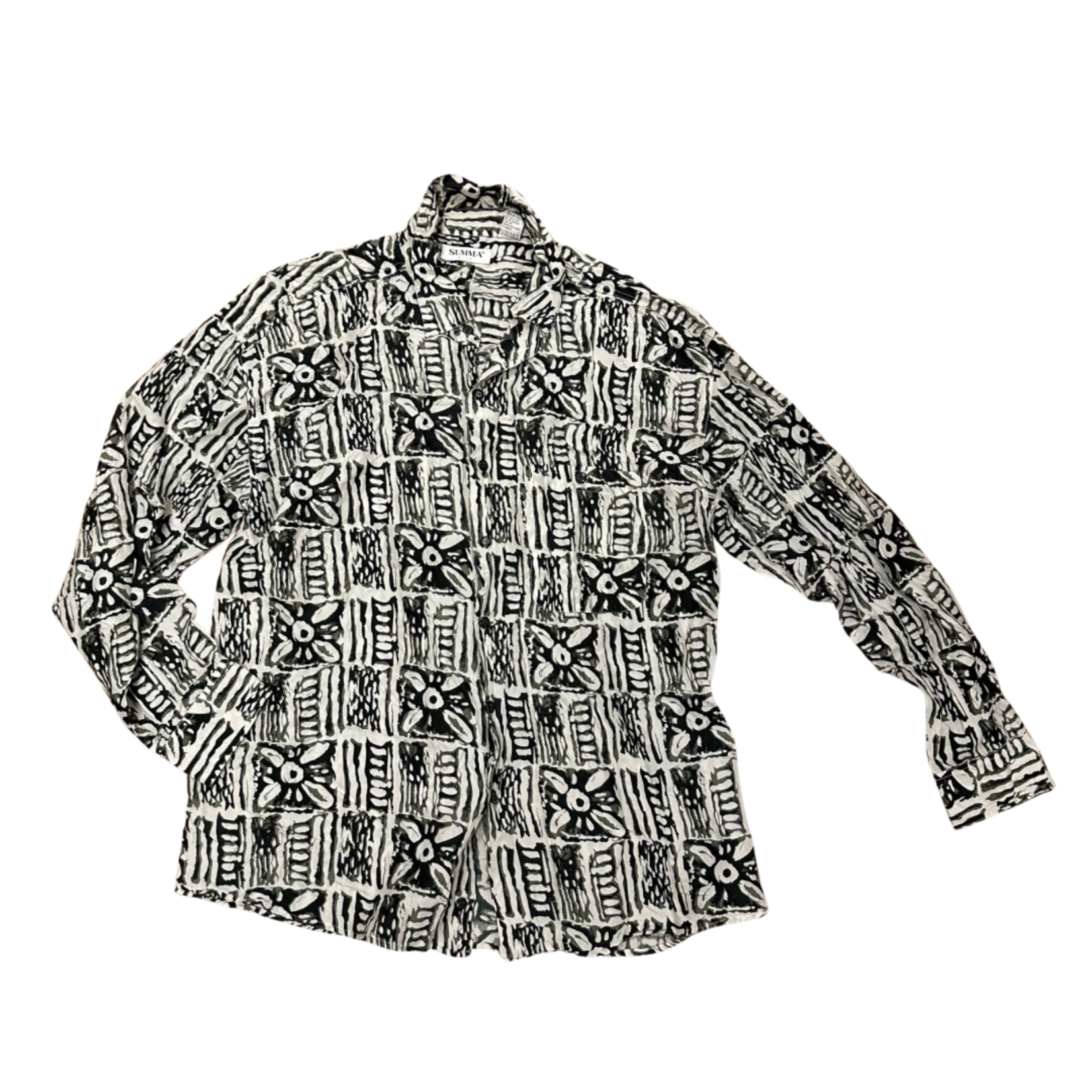 Mission Zero Men’s Vintage Aloha Shirt- XL - Summa - 100% Silk Long Sleeve Black & White Quilt