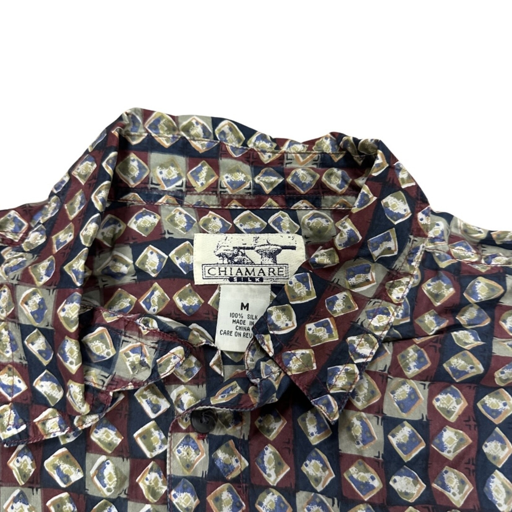 Mission Zero Men’s Vintage Aloha Shirt- M -Chimare - 100% Silk Long Sleeve Squares in Squares