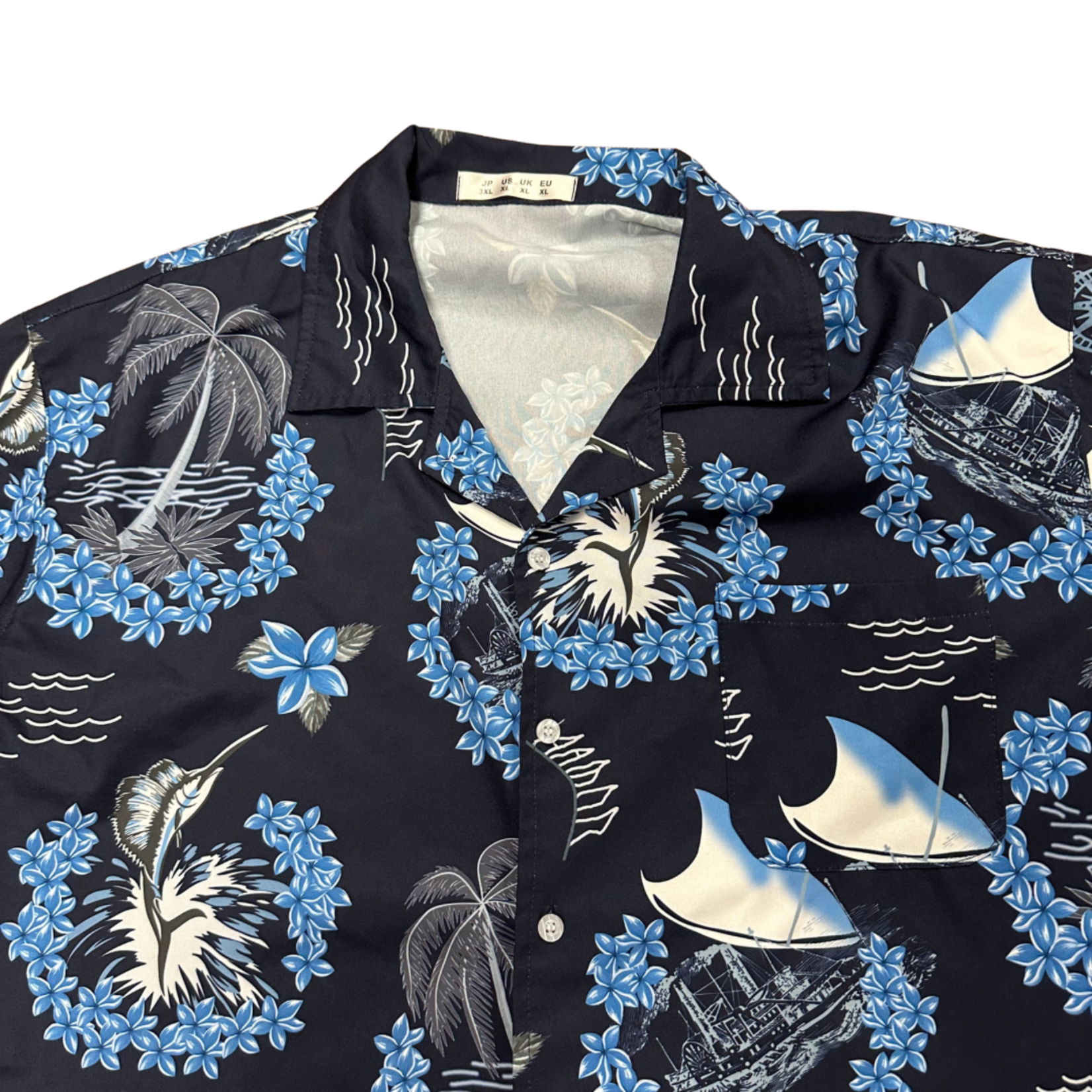 Mission Zero Men’s Reloved Aloha Shirt - XL - Unknown- Blue Marlin Lei Canoe