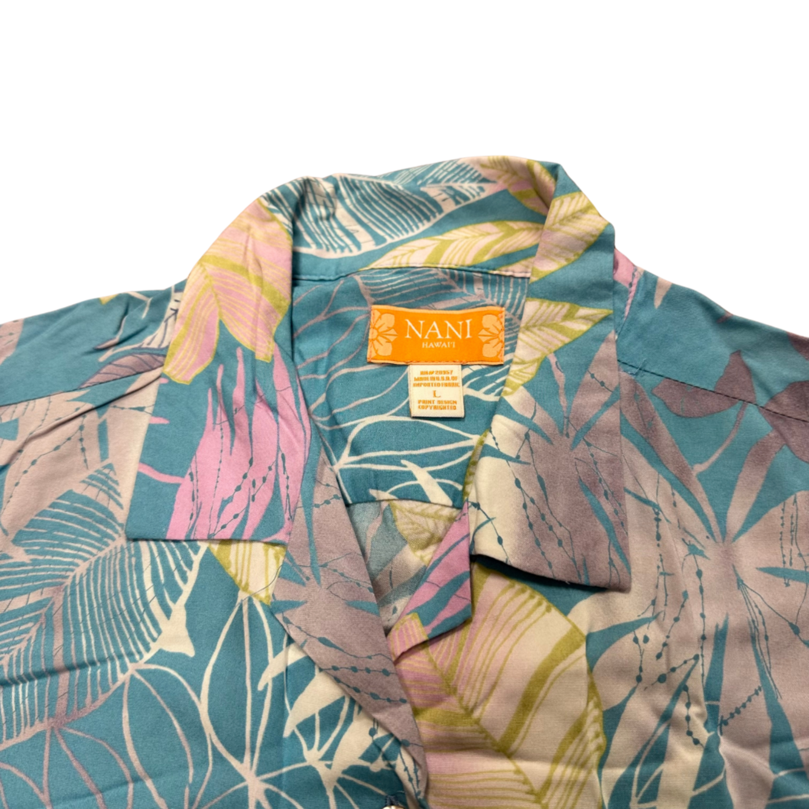 Mission Zero Women’s Reloved Aloha Shirt - L- Nani Hawaii - Blue Pastel Tropical Leaf