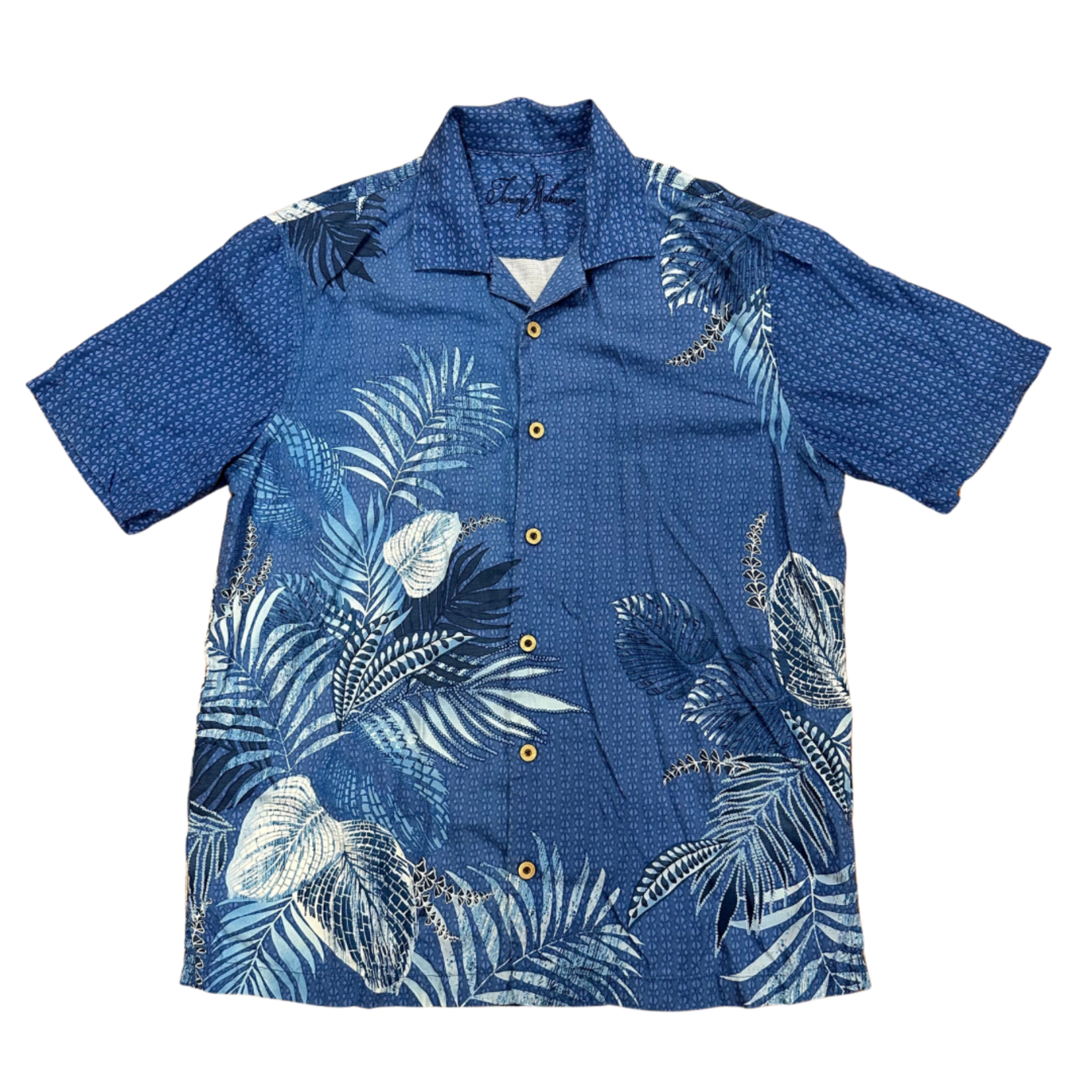 Mission Zero ReLoved Men's Aloha Shirt - Tommy Bahama - 100% Silk - Blue Leaf w/Coconut Buttons - M