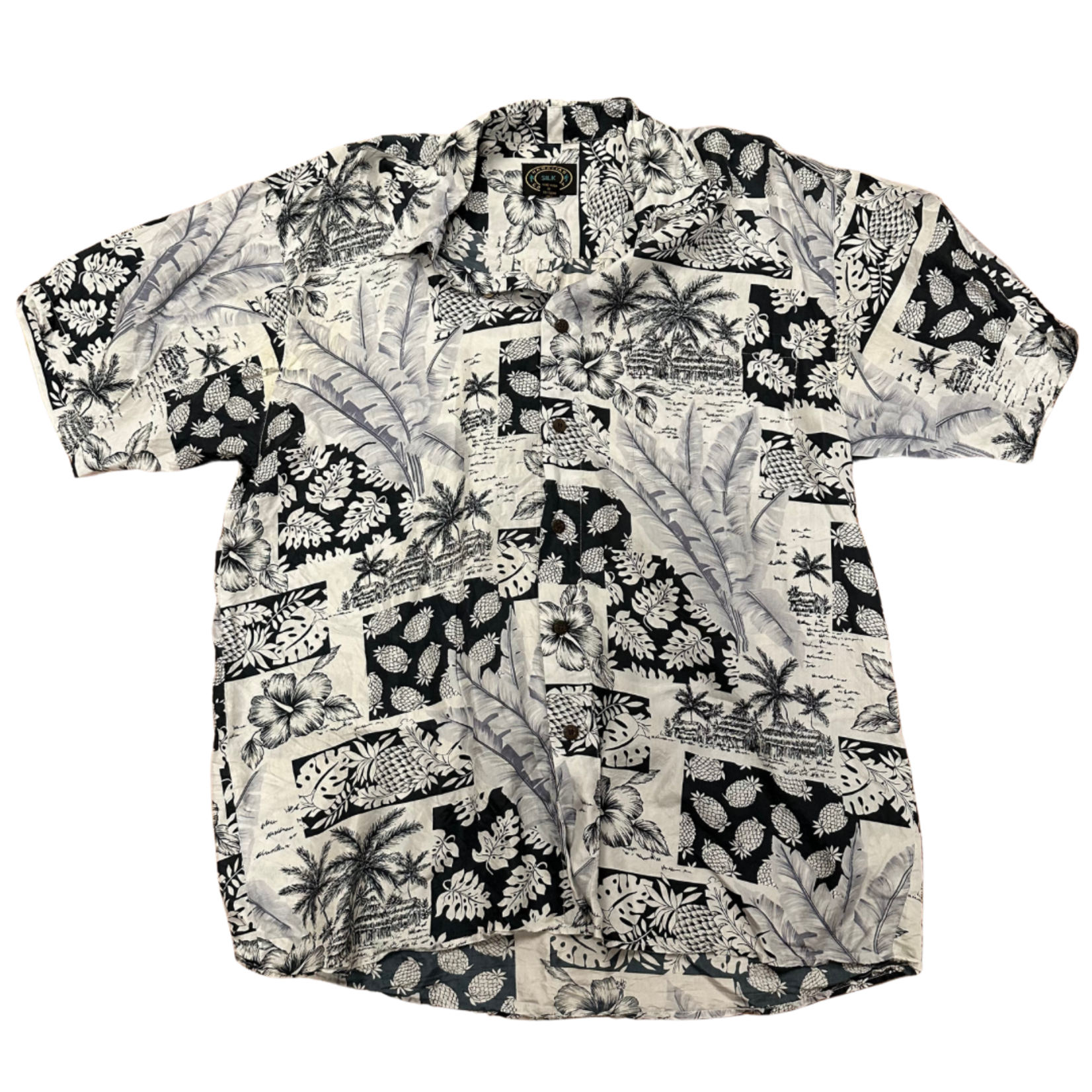 Mission Zero ReLoved Men’s Aloha Shirt -  Hawaiian Silk Co. 100% Silk - Hibiscus Banana Pineapple Hale - L