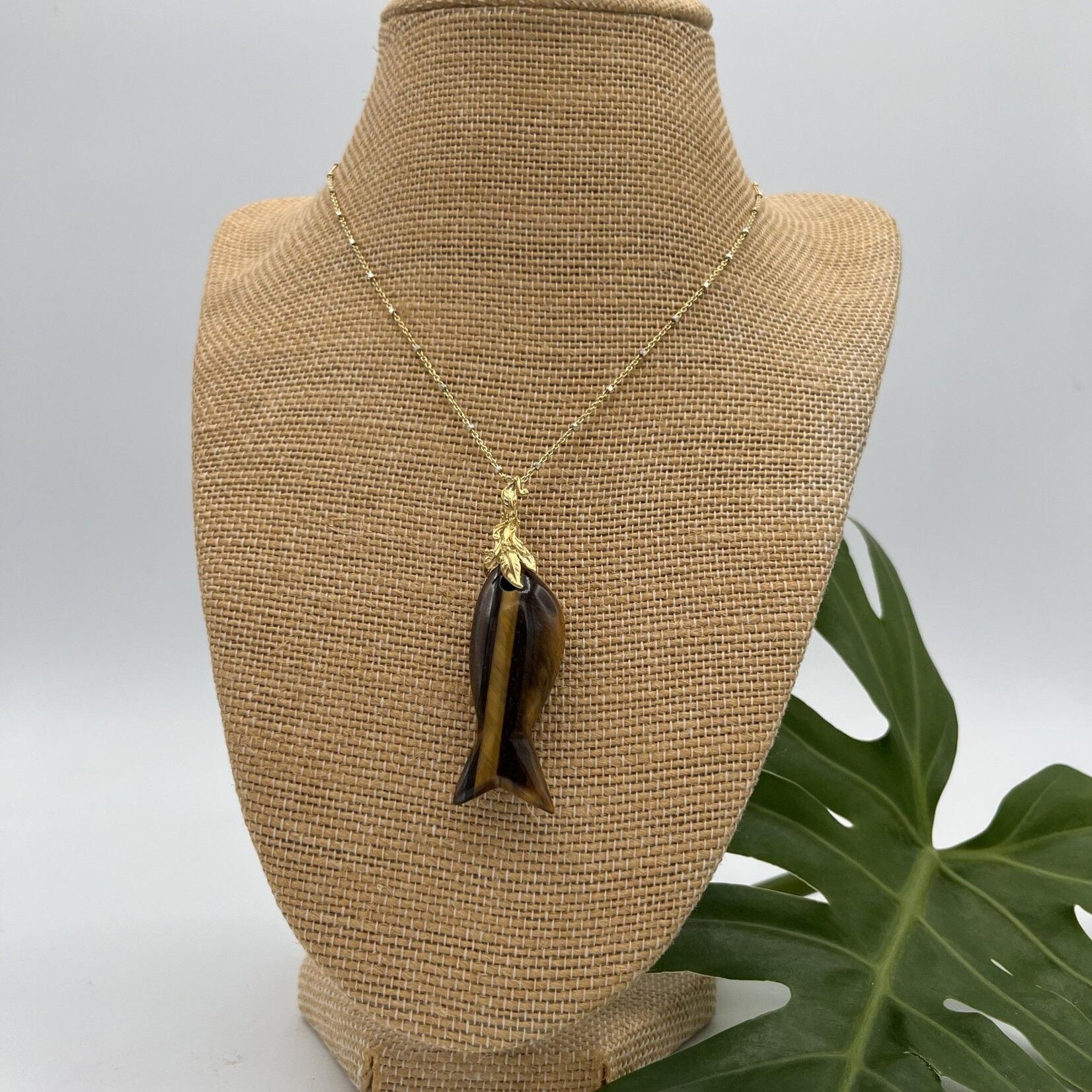 Shell Of A Life Sterling Silver Vermeil + Tiger Eye Fish Necklace
