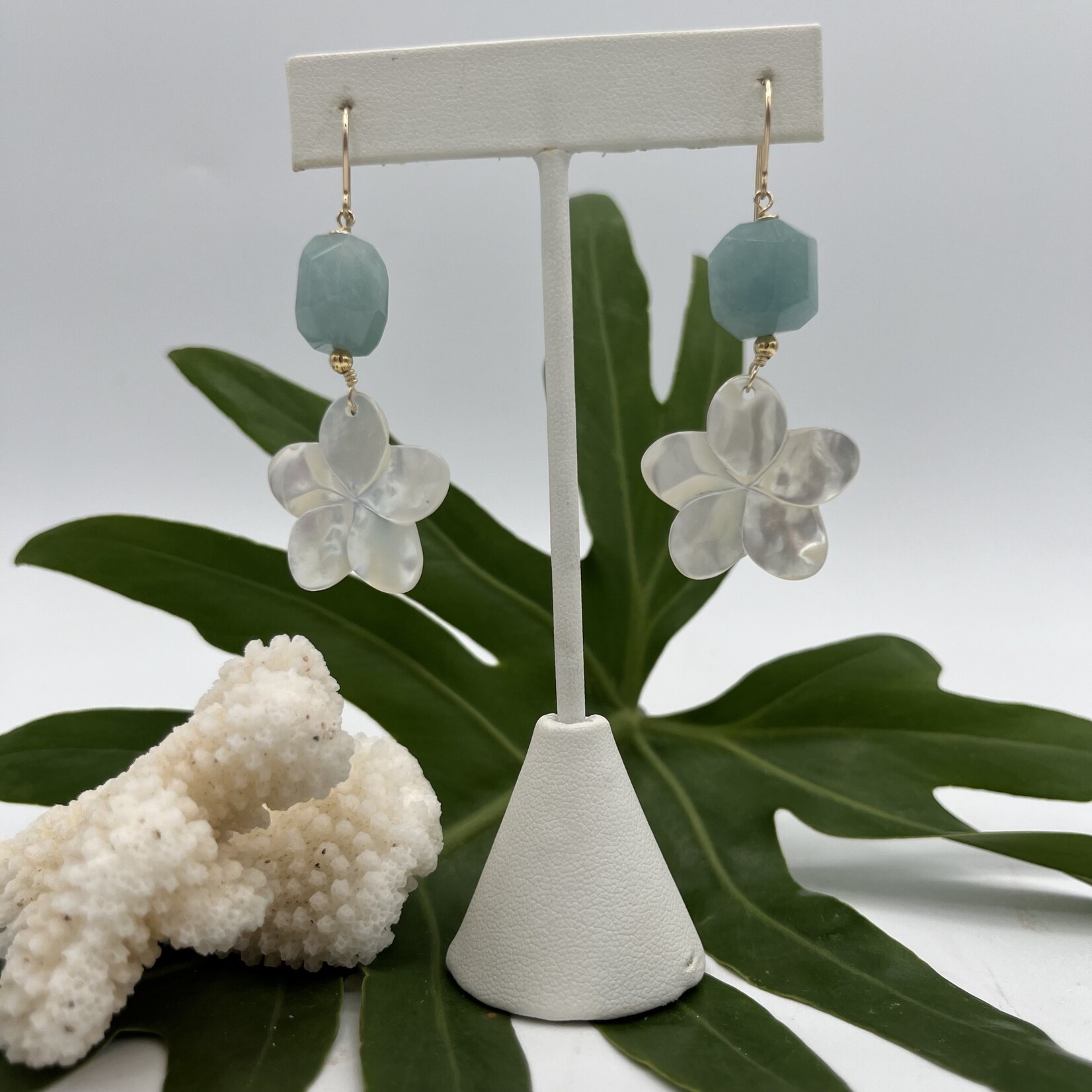 Shell Of A Life Mother of Pearl Plumeria + Aquamarine Earrings