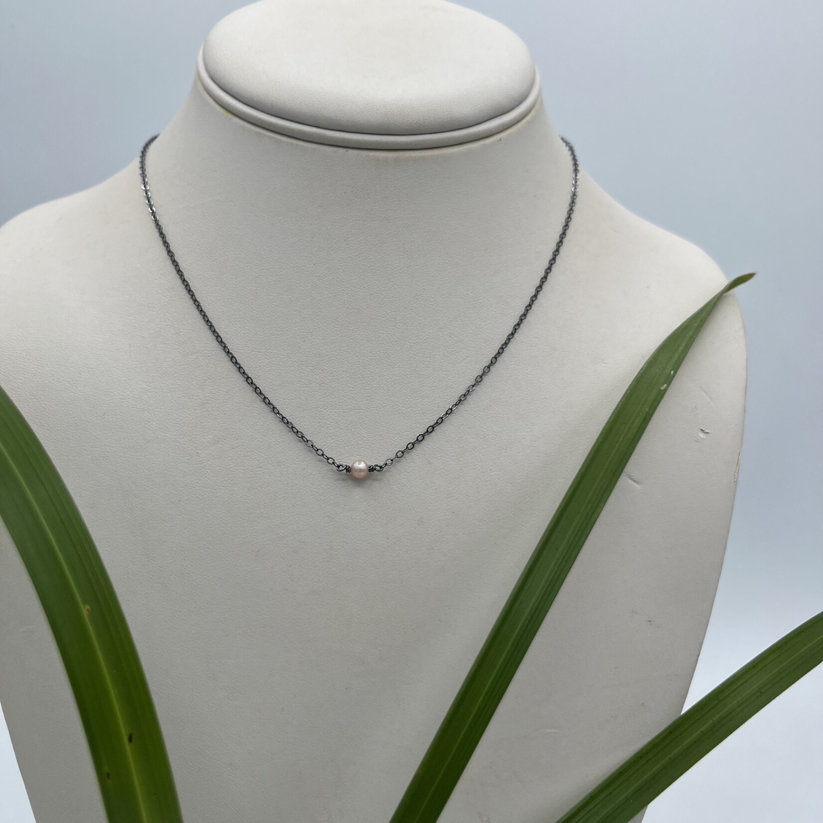 Kione’s Prism Jewelry Solitaire Pink Freshwater Pearl 4mm + Oxidized Sterling Silver Necklace