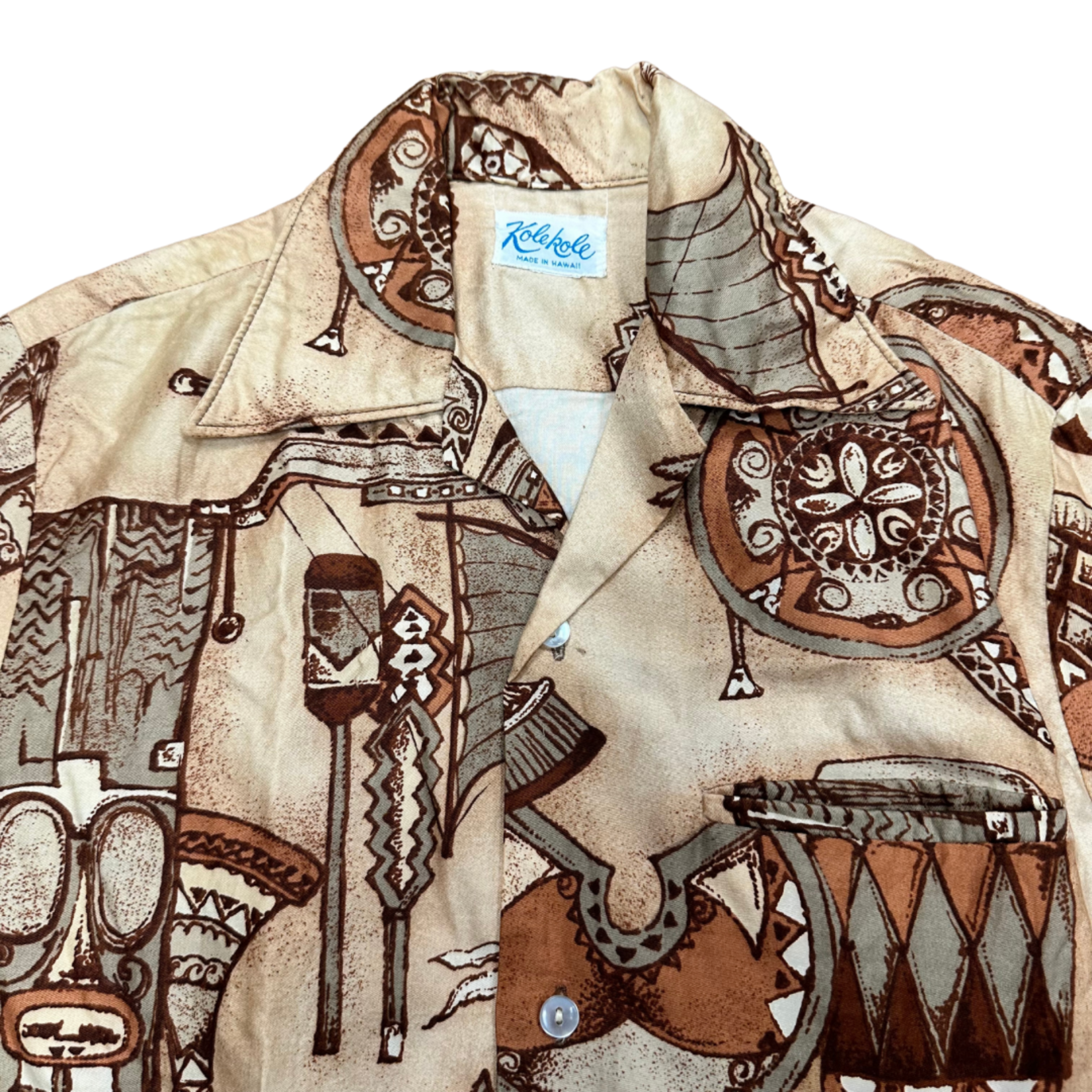 Mission Zero Men’s Vintage Aloha Shirt- Small - Kolekole - Brown Canoe & Paddle