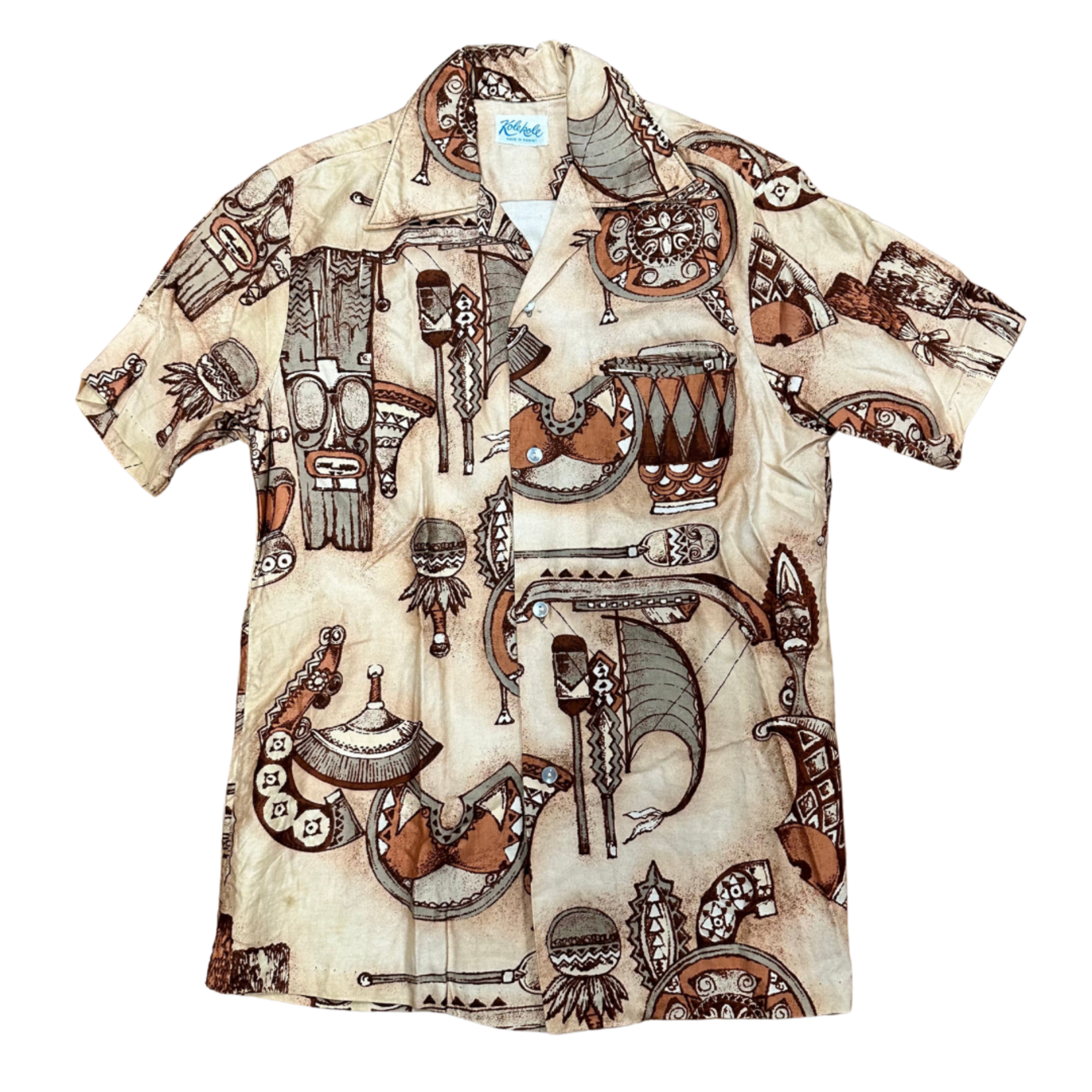 Mission Zero Men’s Vintage Aloha Shirt- Small - Kolekole - Brown Canoe & Paddle