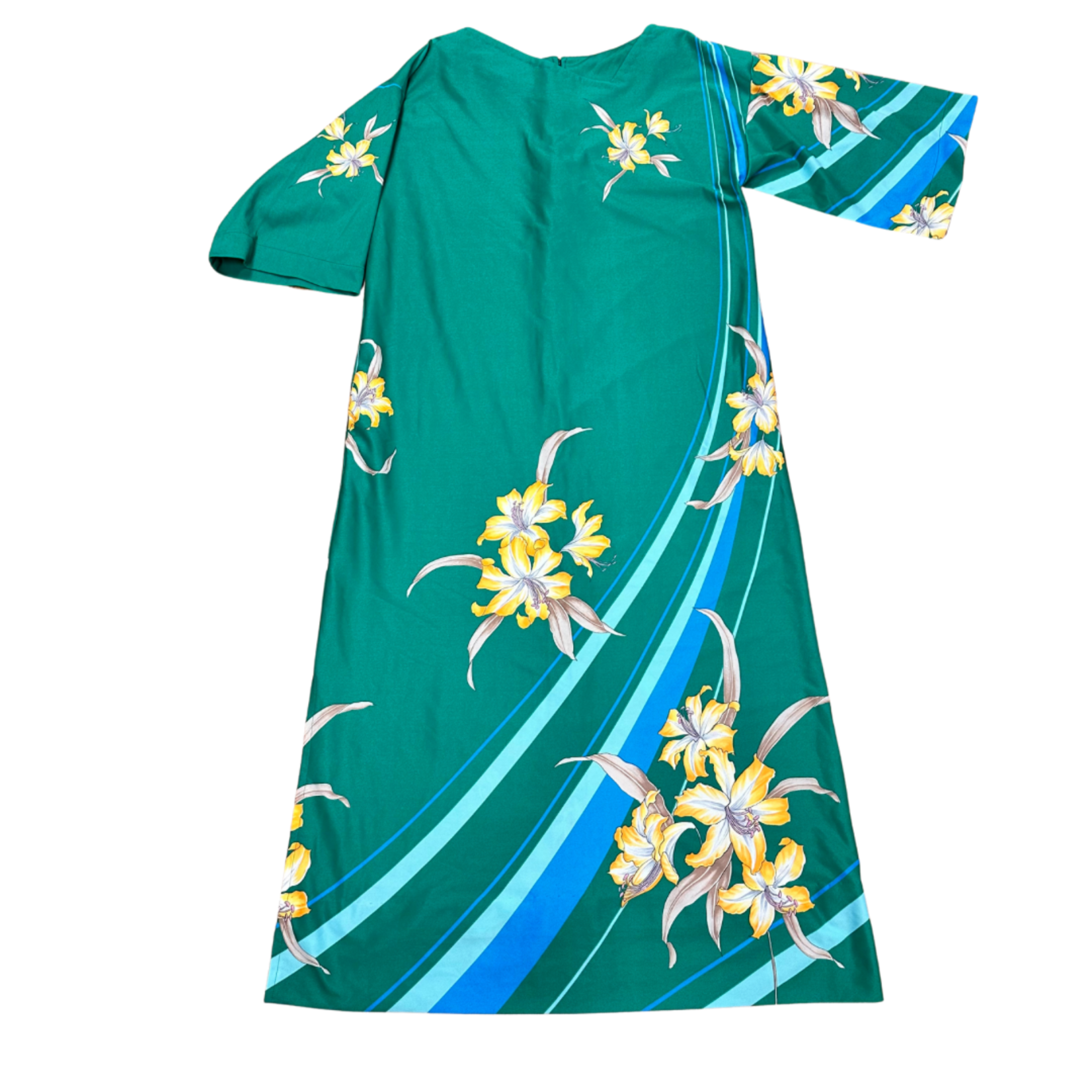 Mission Zero Women’s Vintage Blue Hawaii Green Asymmetric Neckline Dress Med.