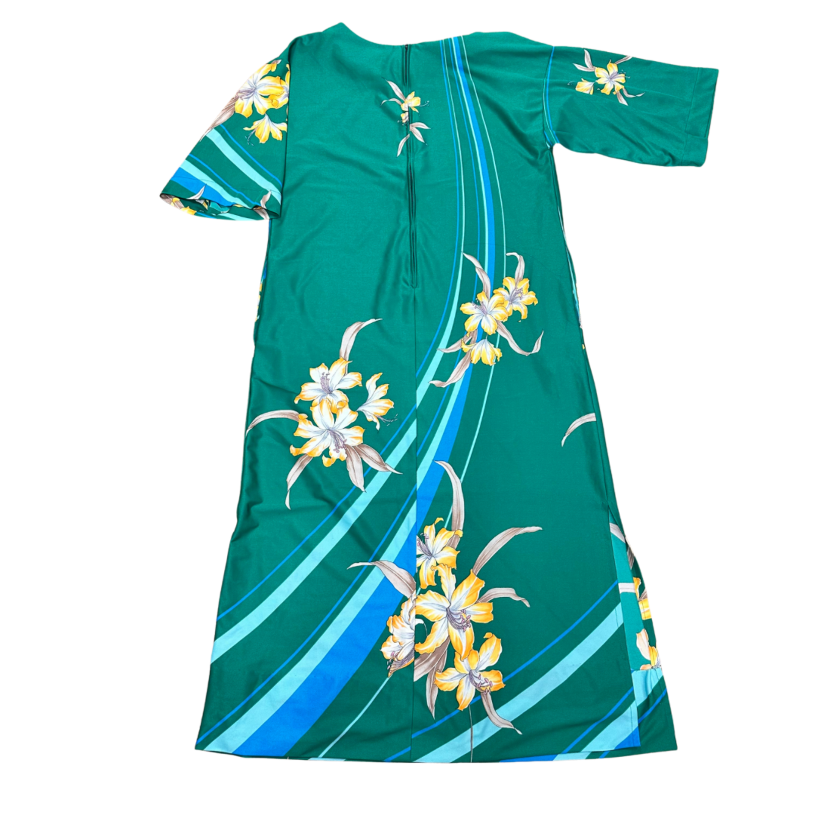 Mission Zero Women’s Vintage Blue Hawaii Green Asymmetric Neckline Dress Med.