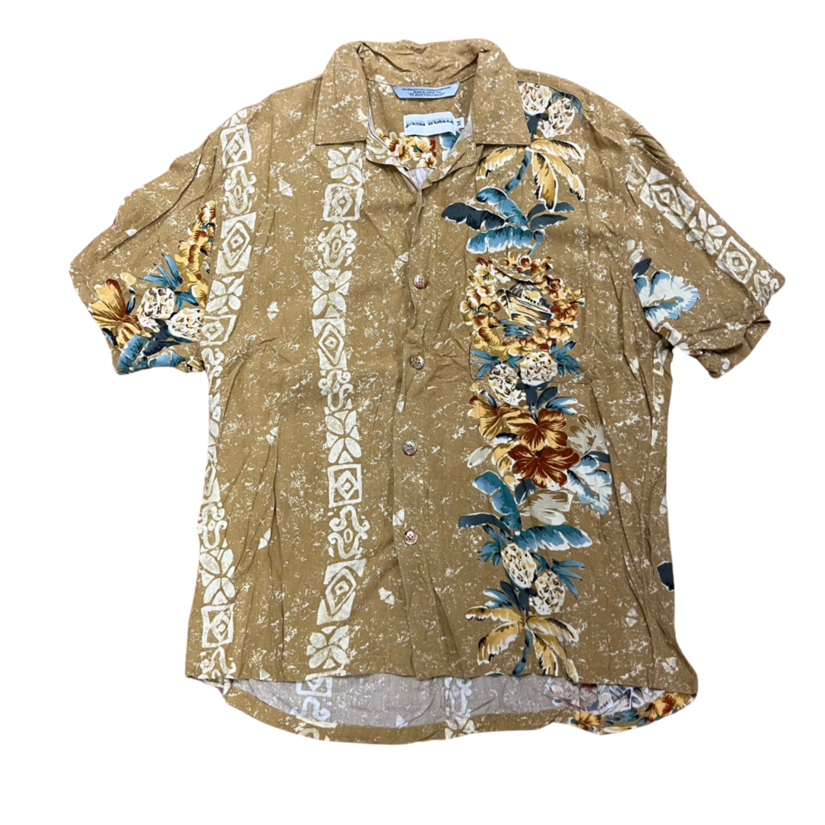 Mission Zero Men’s Vintage Aloha Shirt - Jam’s World - Gold Tiki Medium