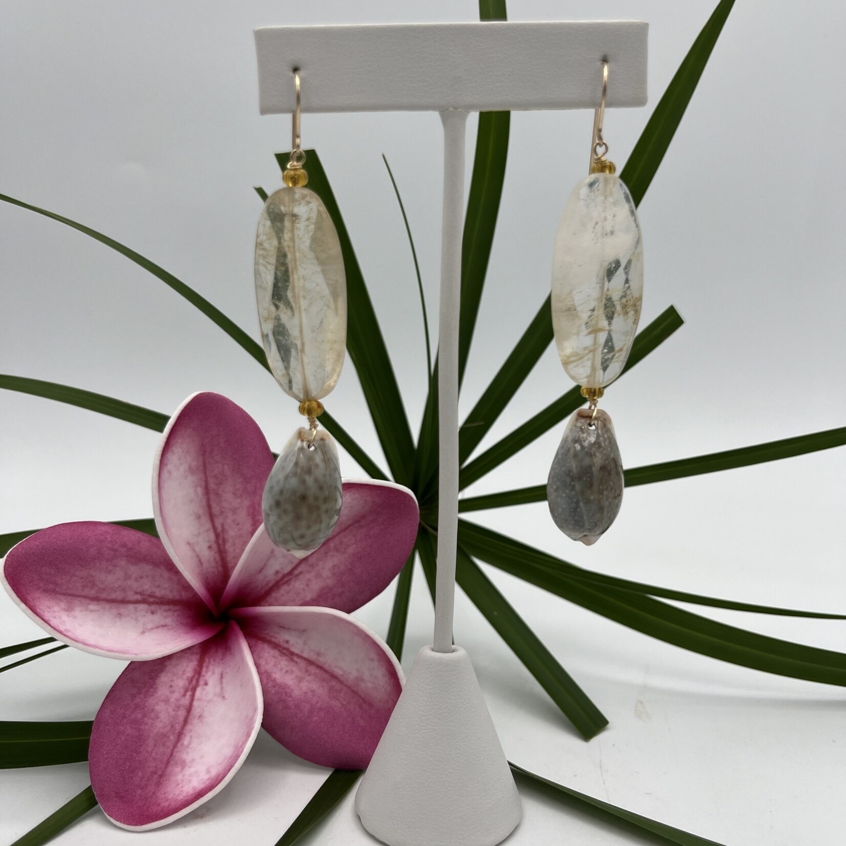 Shell Of A Life Lynx Cowrie Shell + Rutilated Quartz Earrings