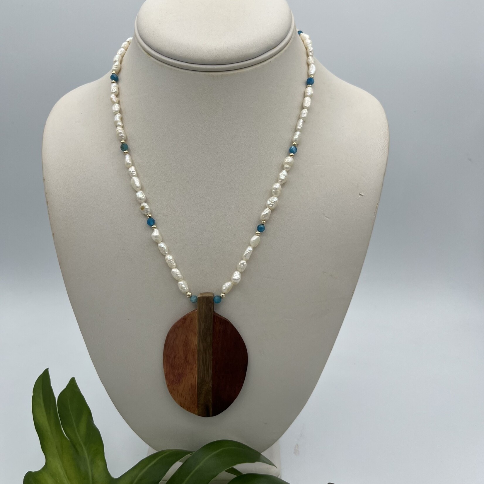 Shell Of A Life Walnut Cherry & Red Oak Pendant + Apatite Bead + Keshi FW Pearl Necklace