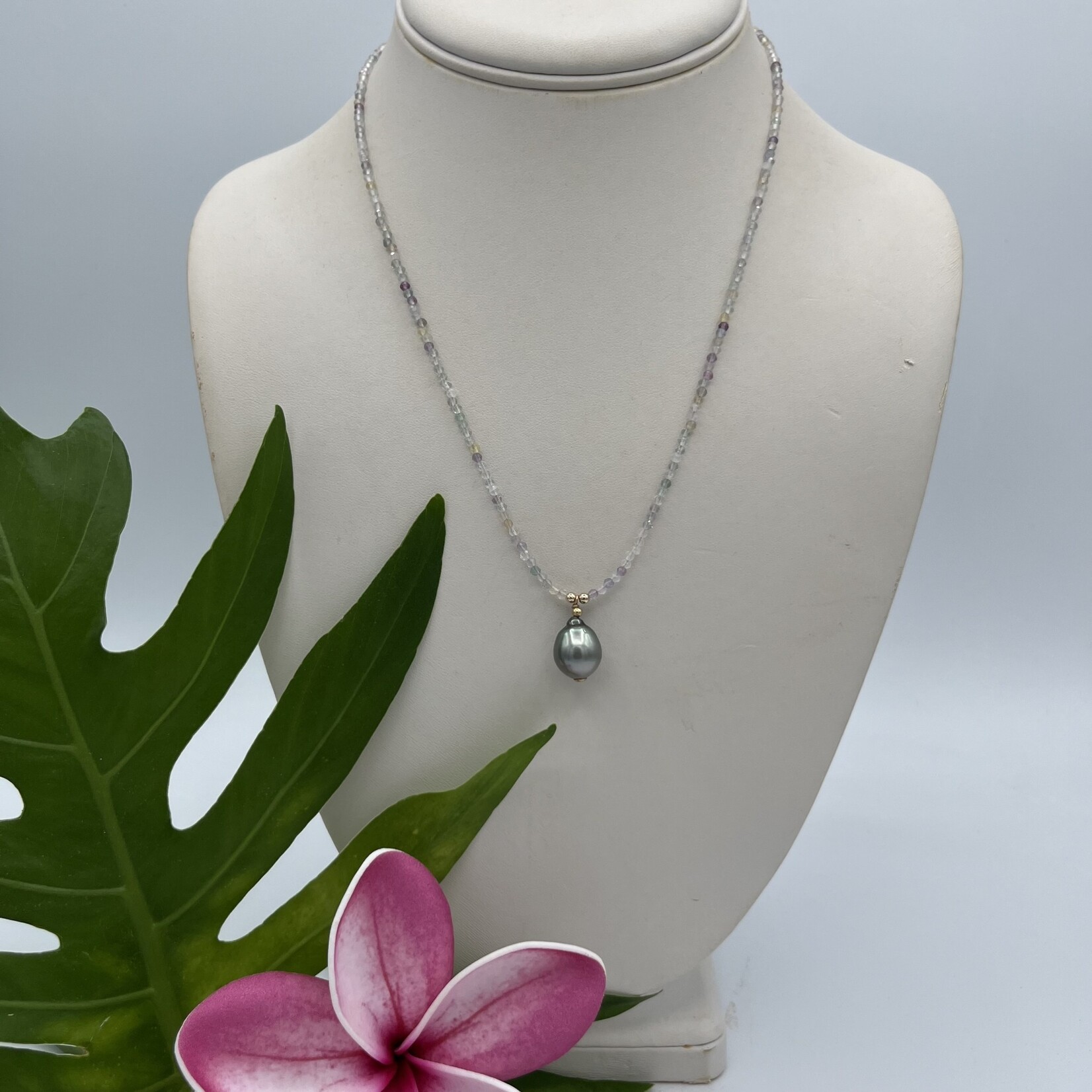 Shell Of A Life Fluorite Beads + Black Tahitian Pearl Necklace