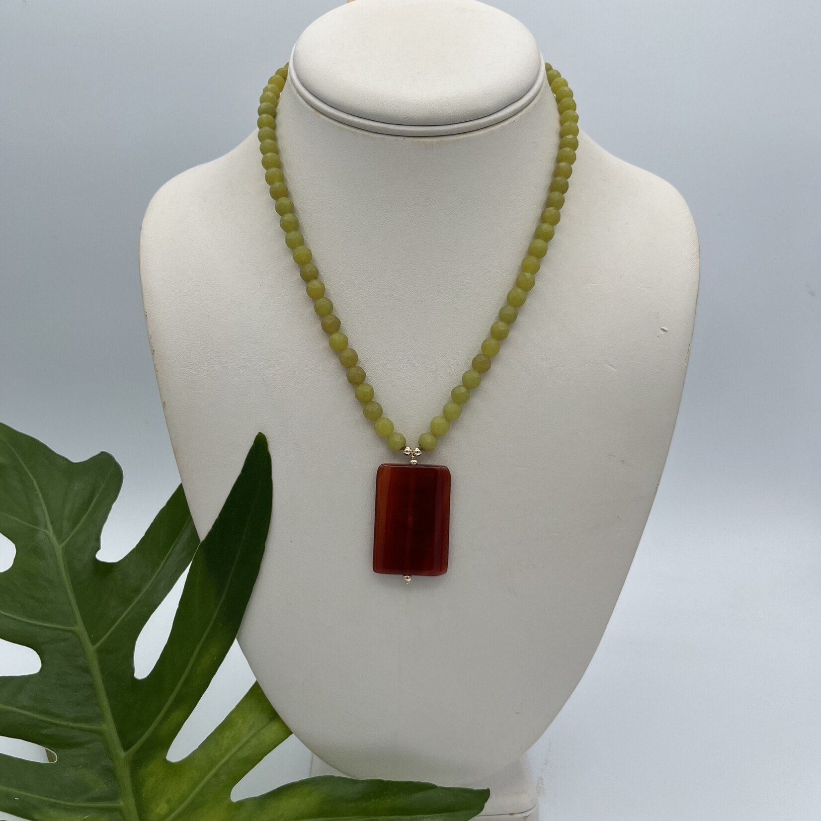Shell Of A Life Chartreuse Bead Matte Finish + Carnelian Pendant Necklace