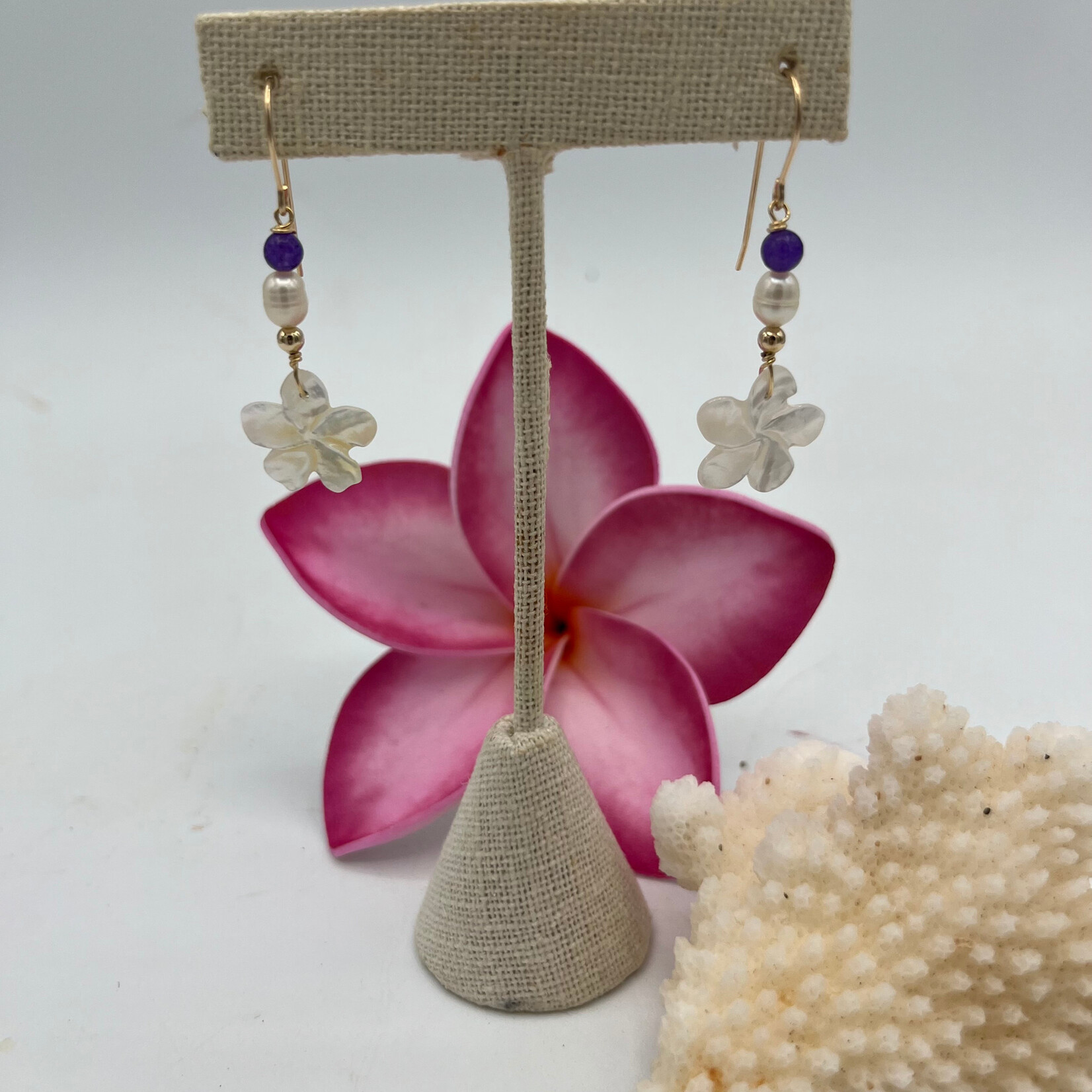 Shell Of A Life Plumeria MOP + FW Pearl + Amethyst Bead Earrings