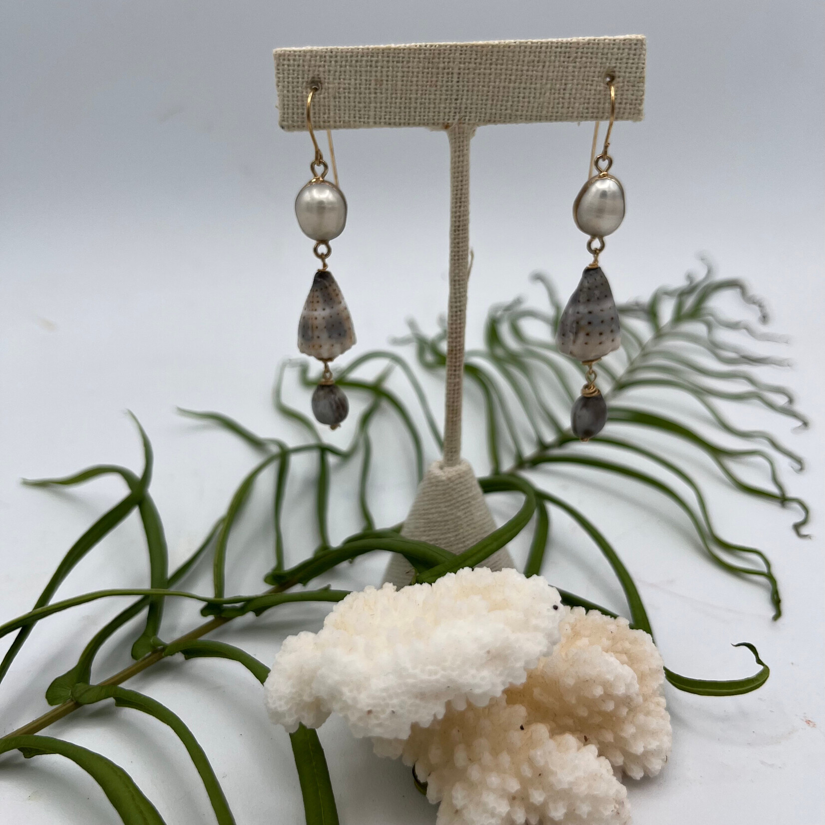 Shell Of A Life Abbreviated Cone Shell + FW Pearl + Koloa Job’s Tear Earrings