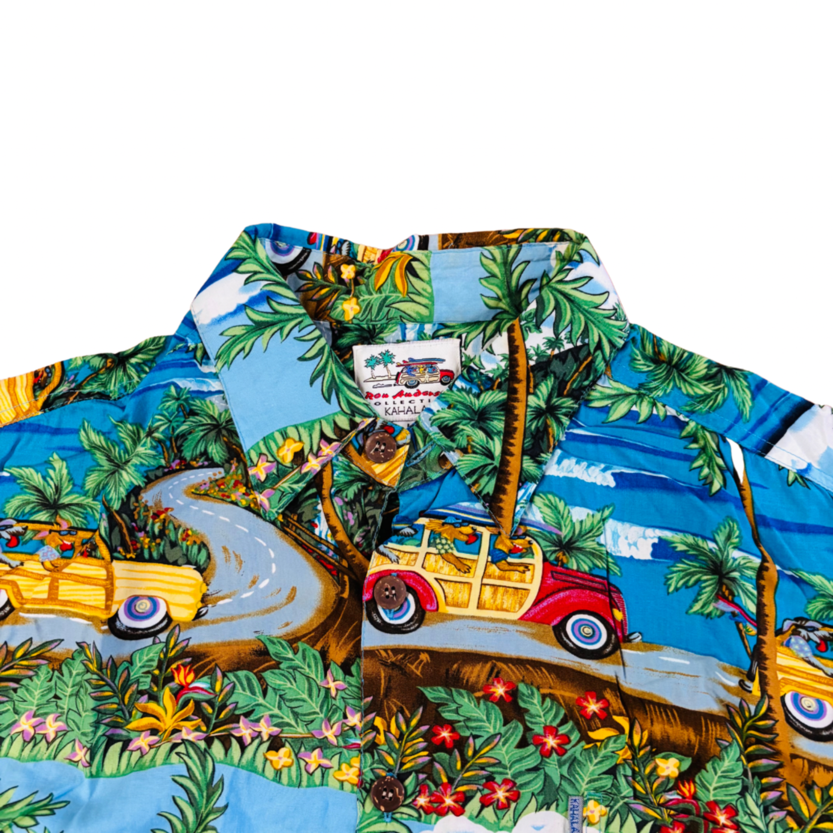 Mission Zero Men's Vintage Aloha Shirt - Ron Anderson Novelty Print Kahala - Woody Dog Trip - Large