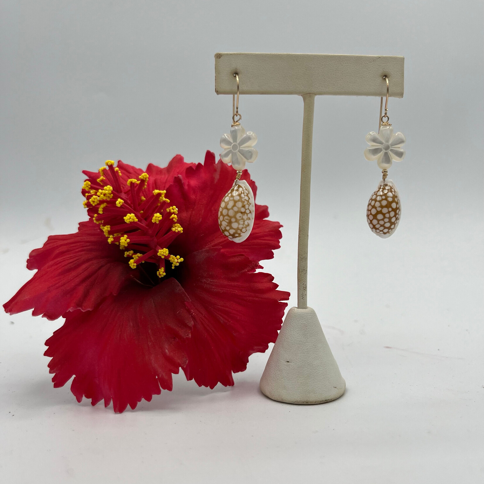 Shell Of A Life Sieve Cowrie Shell + MOP Plumeria GF Earrings